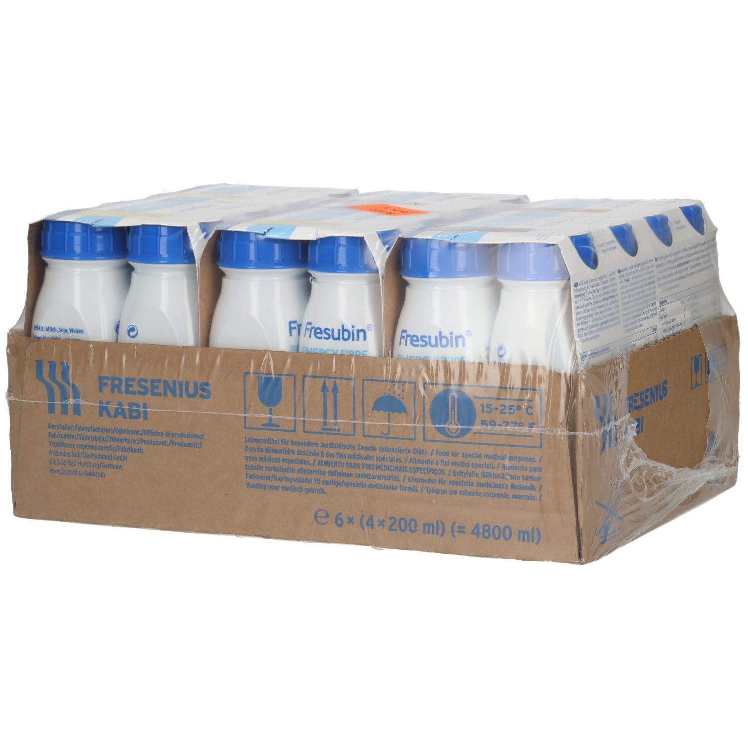 Verpackung mit 24 Fresubin Energy Fibre Trinkflaschen, 4x6er-Trays, mit Lagerungshinweis.