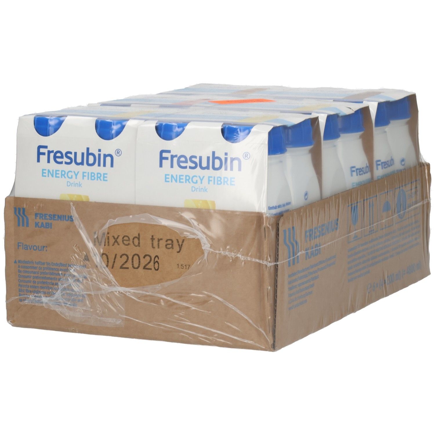 Vorderseite der Verpackung mit 24 Fresubin Energy Fibre Trinkflaschen, gemischte Geschmacksrichtungen.