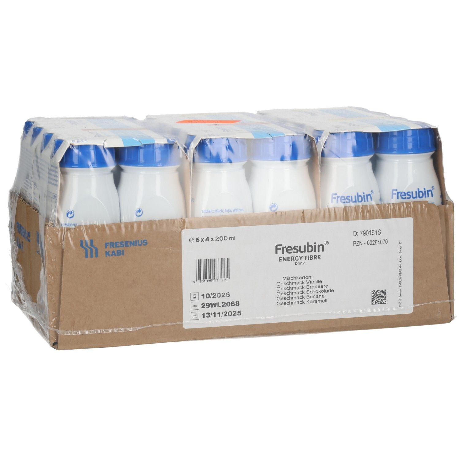 Verpackung mit 24 Fresubin Energy Fibre Trinkflaschen, 4x6er-Trays, mit Geschmacksangaben.
