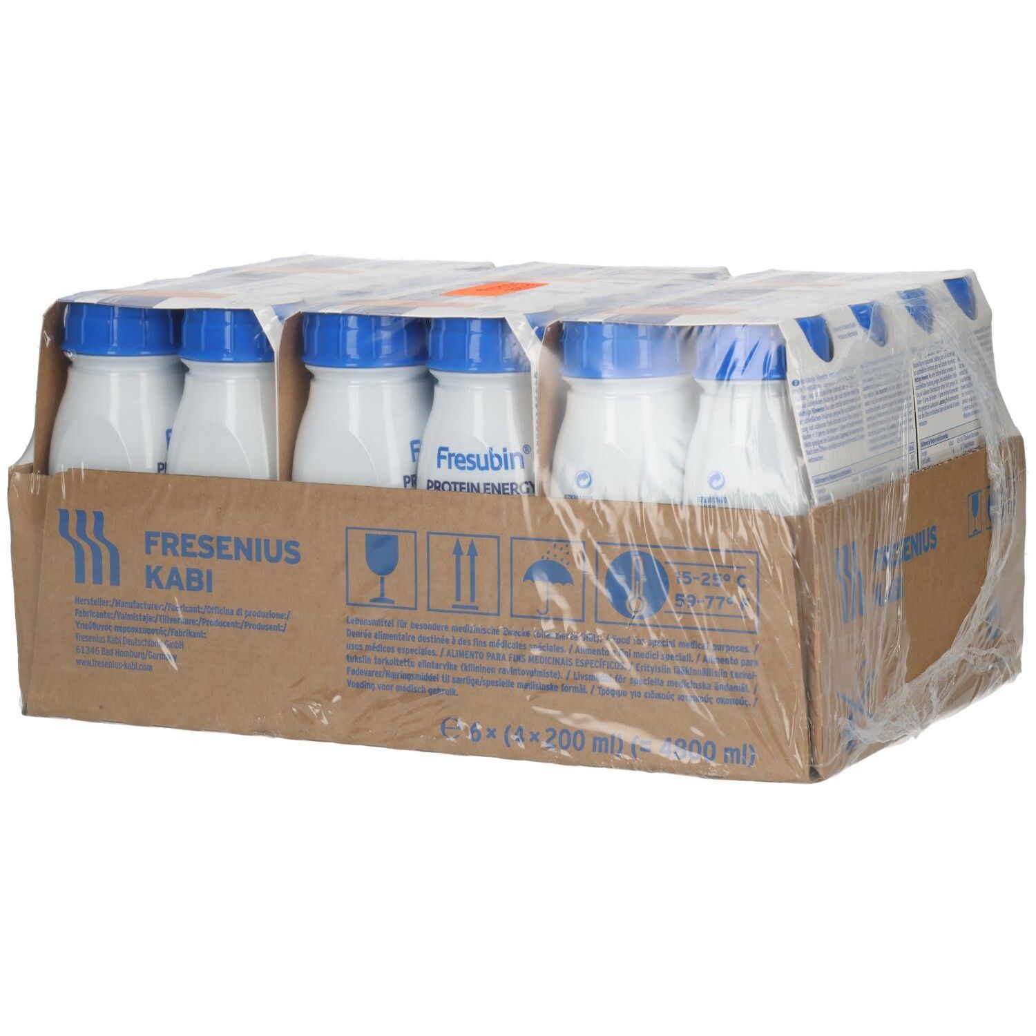 FRESUBIN PROT ENERGY MULTIFR 6x4x200ml Flaschen, Karton mit Fresenius Kabi Logo.