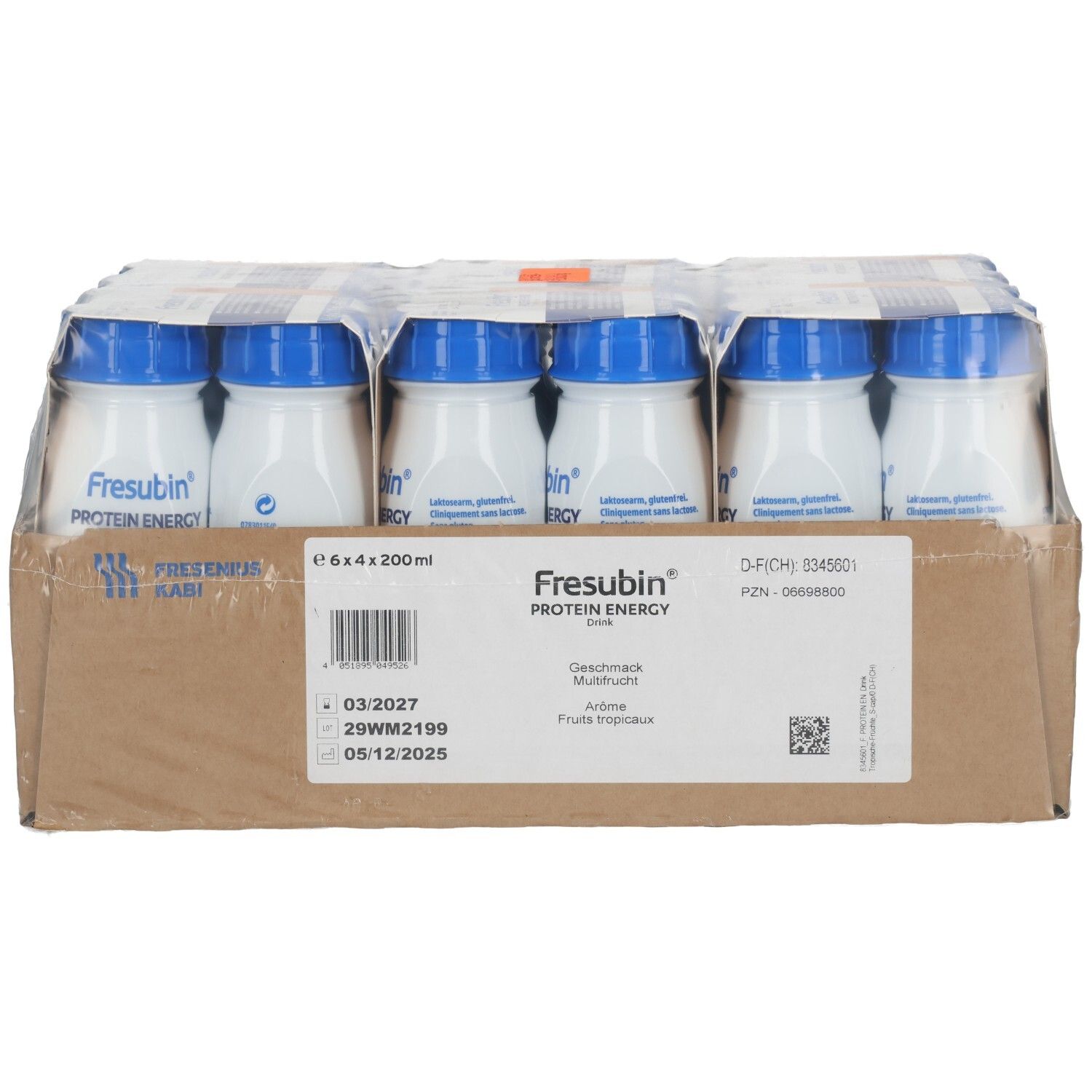 FRESUBIN PROT ENERGY MULTIFR 6x4x200ml Flaschen, Vorderseite mit Etikett.