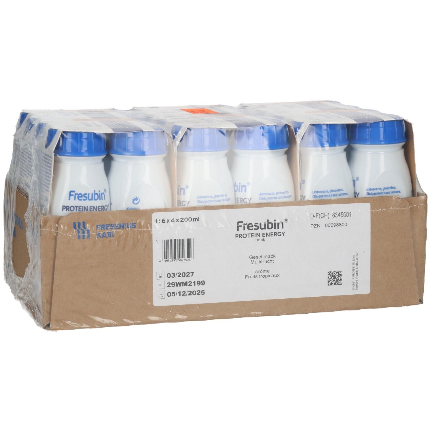 FRESUBIN PROT ENERGY MULTIFR 6x4x200ml Flaschen, Karton mit Produktinformationen.
