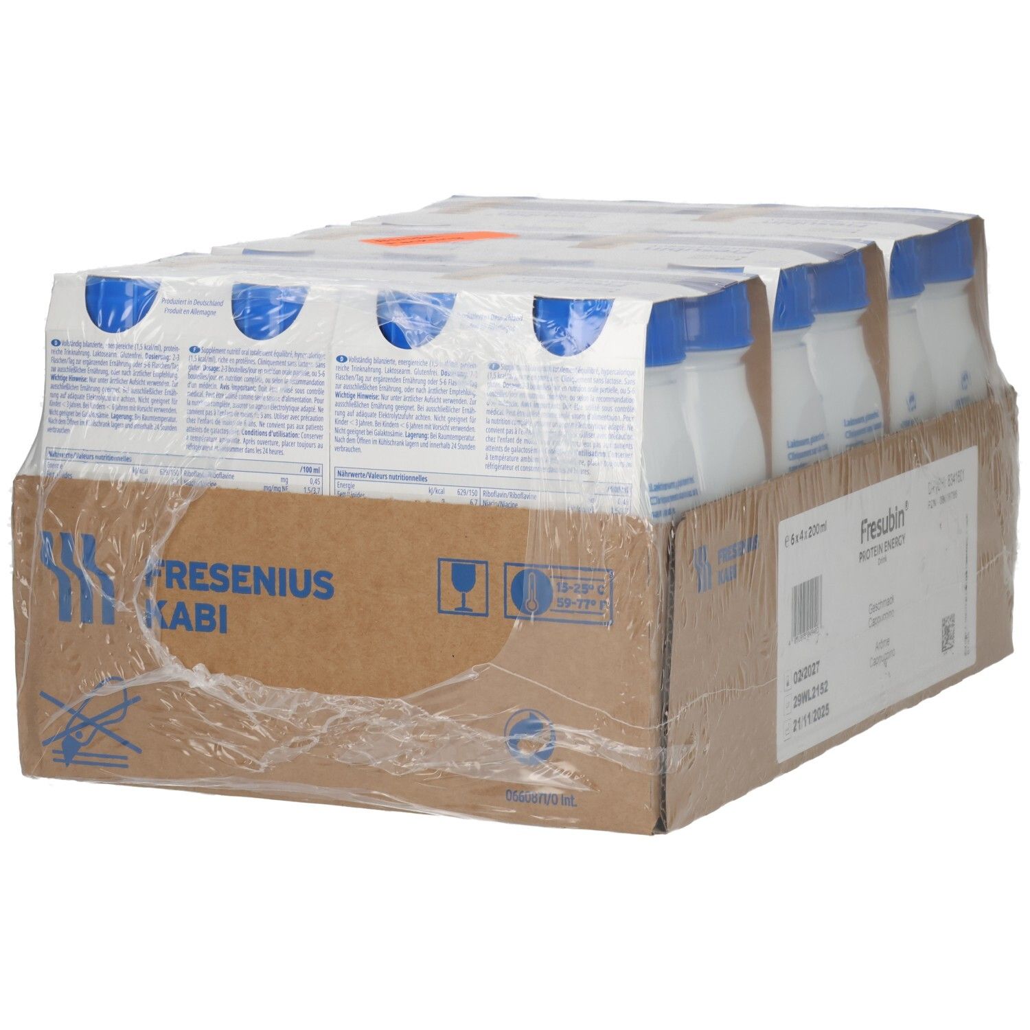 Fresubin Protein Energy Drink Cappuccino, Karton mit 24x200ml Flaschen, Rückansicht.