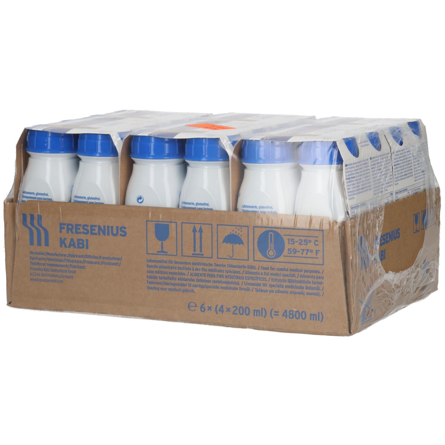 Fresubin Protein Energy Drink Cappuccino, Karton mit 24x200ml Flaschen, Seitenansicht.