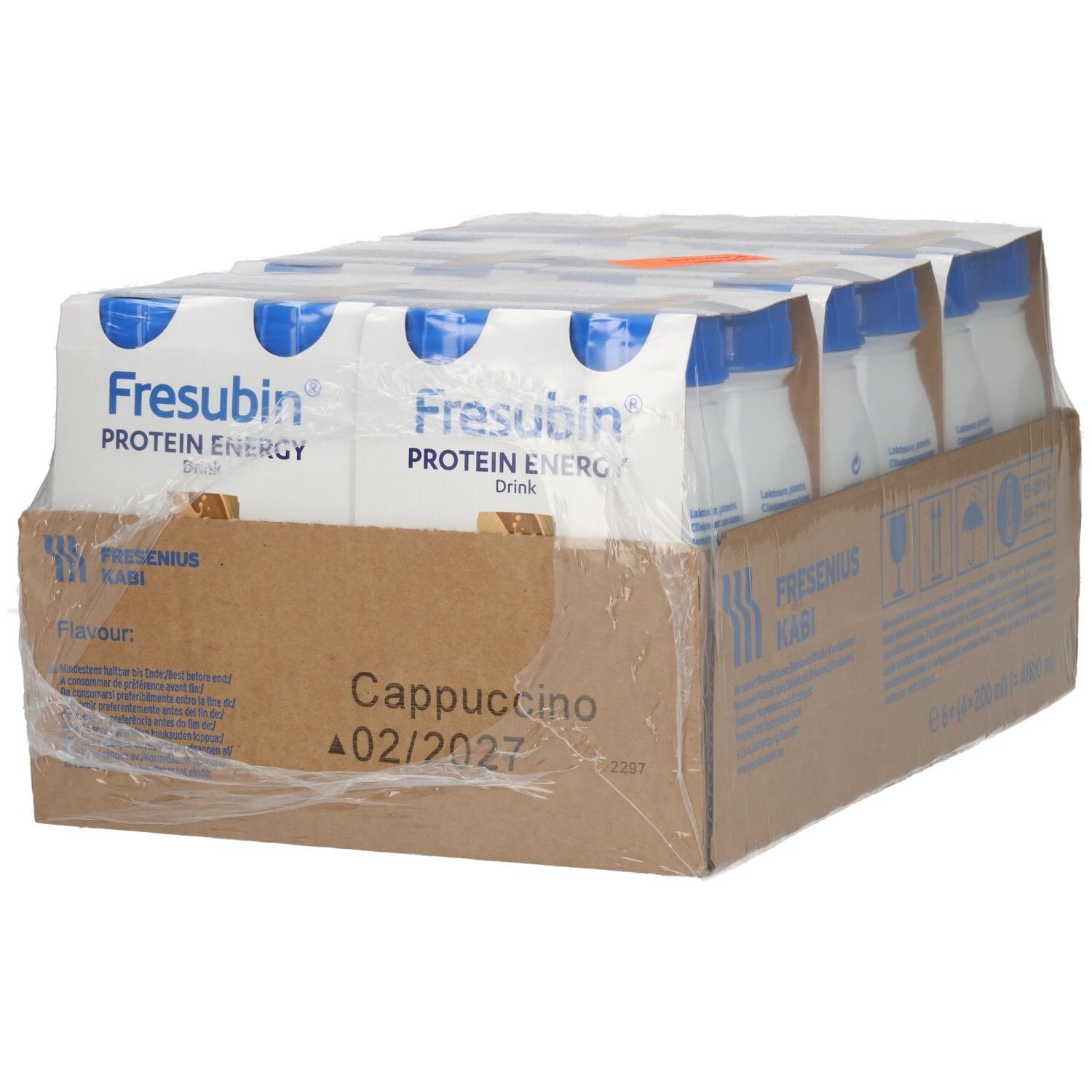 Fresubin Protein Energy Drink Cappuccino, 24x200ml Flaschen im Karton, Vorderseite.