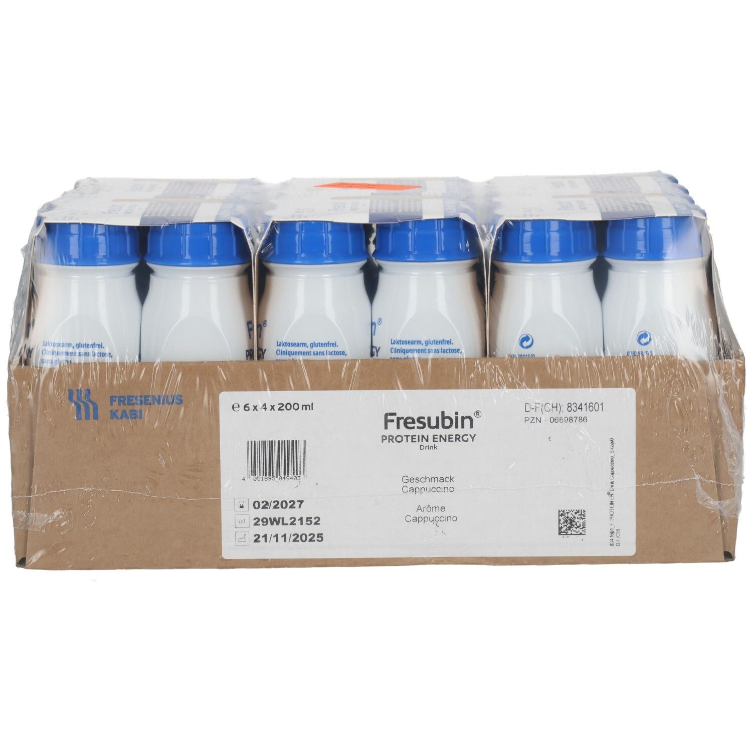 Fresubin Protein Energy Drink Cappuccino, 6x4x200ml Flaschen im Karton, Detailansicht.