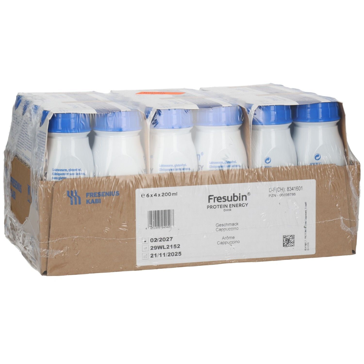 Fresubin Protein Energy Drink Cappuccino, 6x4x200ml Flaschen im Karton, Etikettendetail.