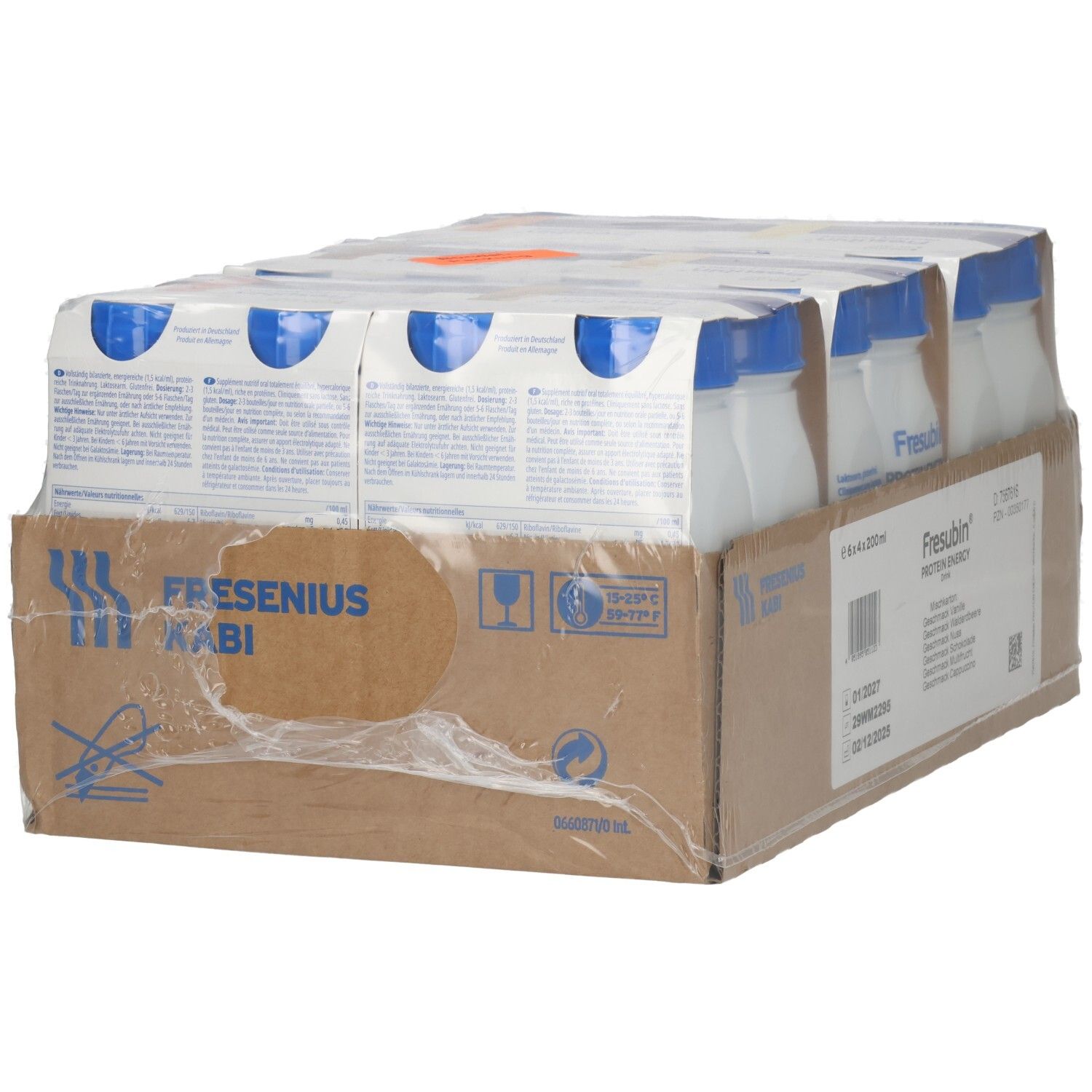 Rückansicht einer Packung mit 6 Flaschen Fresubin Protein Energy Drink.