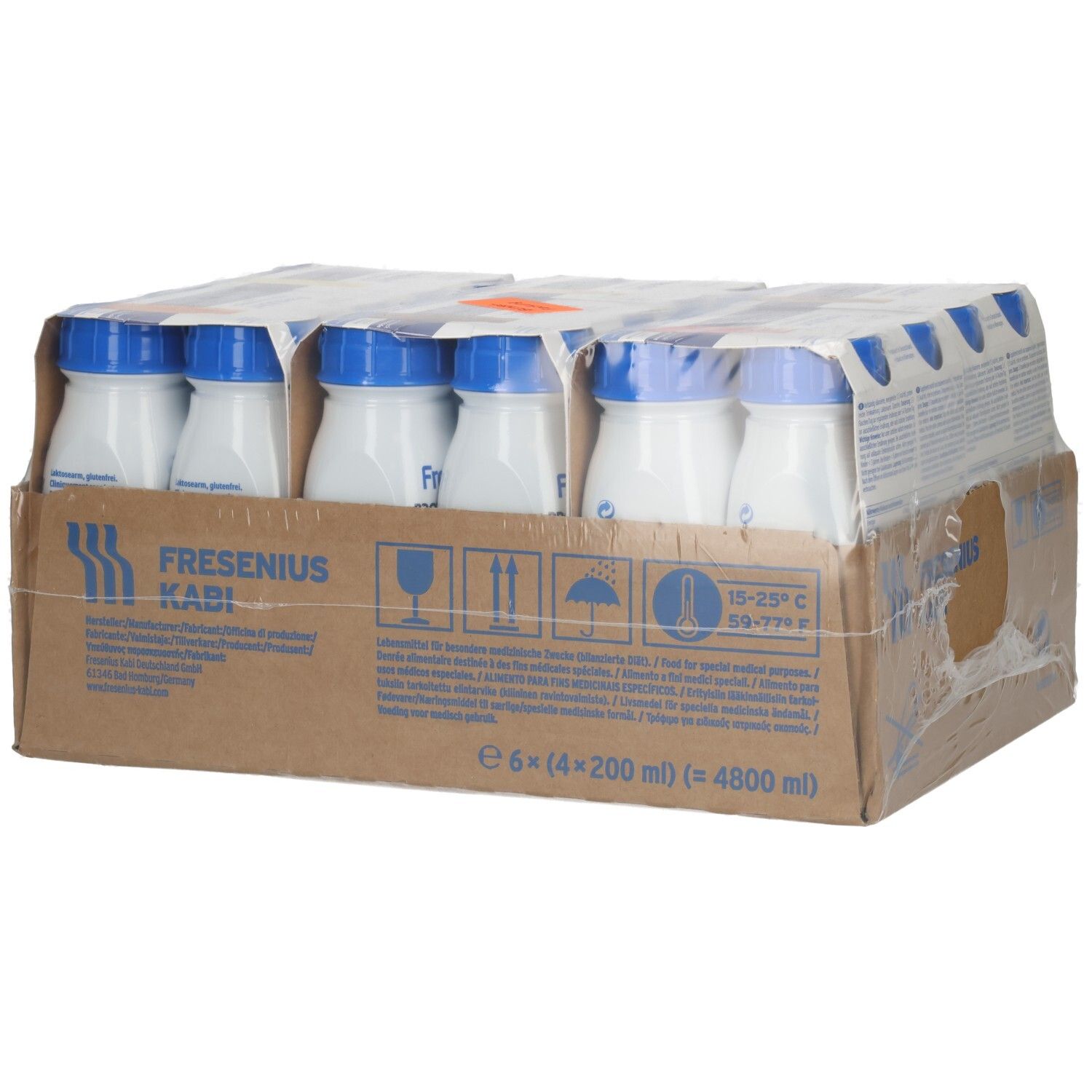 Seitenansicht einer Packung mit 6 Flaschen Fresubin Protein Energy Drink.