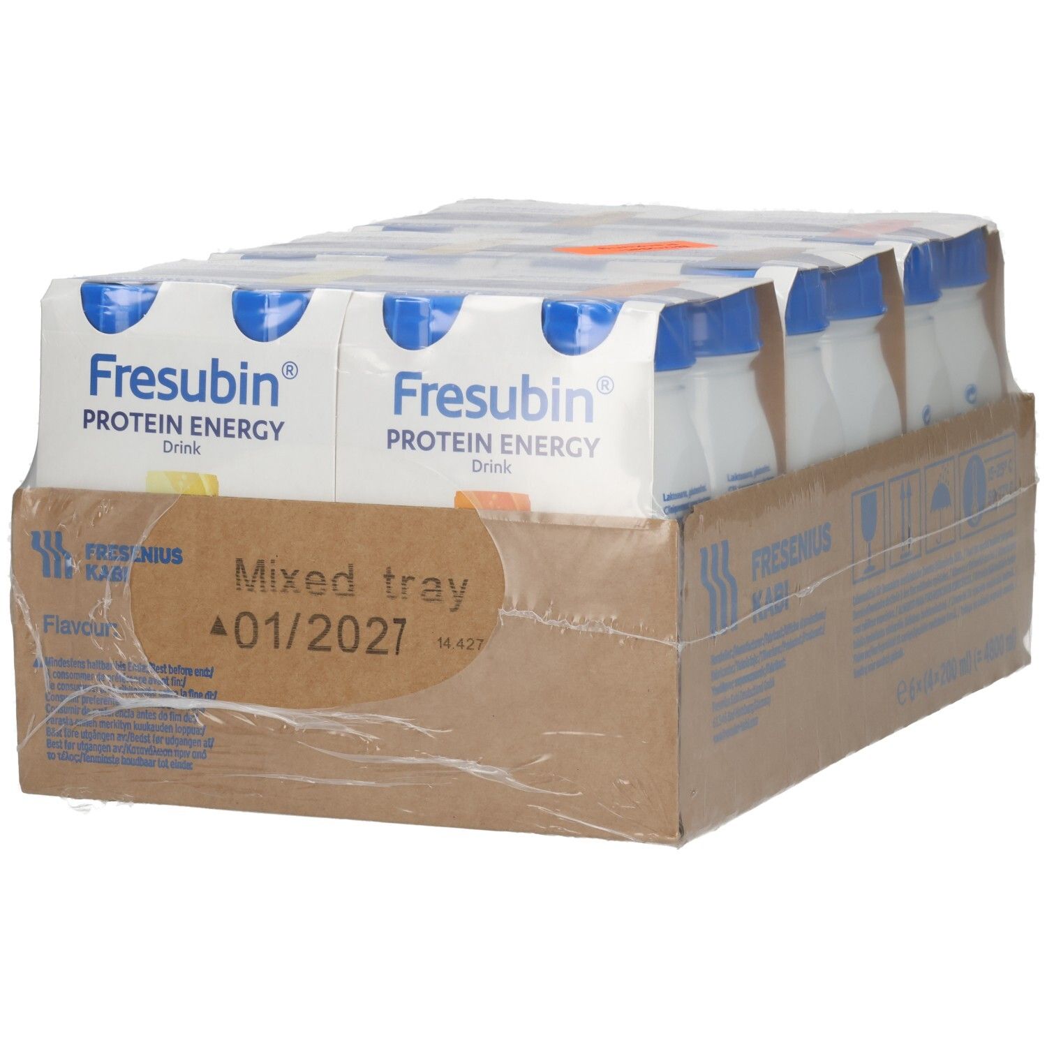 Vorderansicht einer Packung mit 6 Flaschen Fresubin Protein Energy Drink.