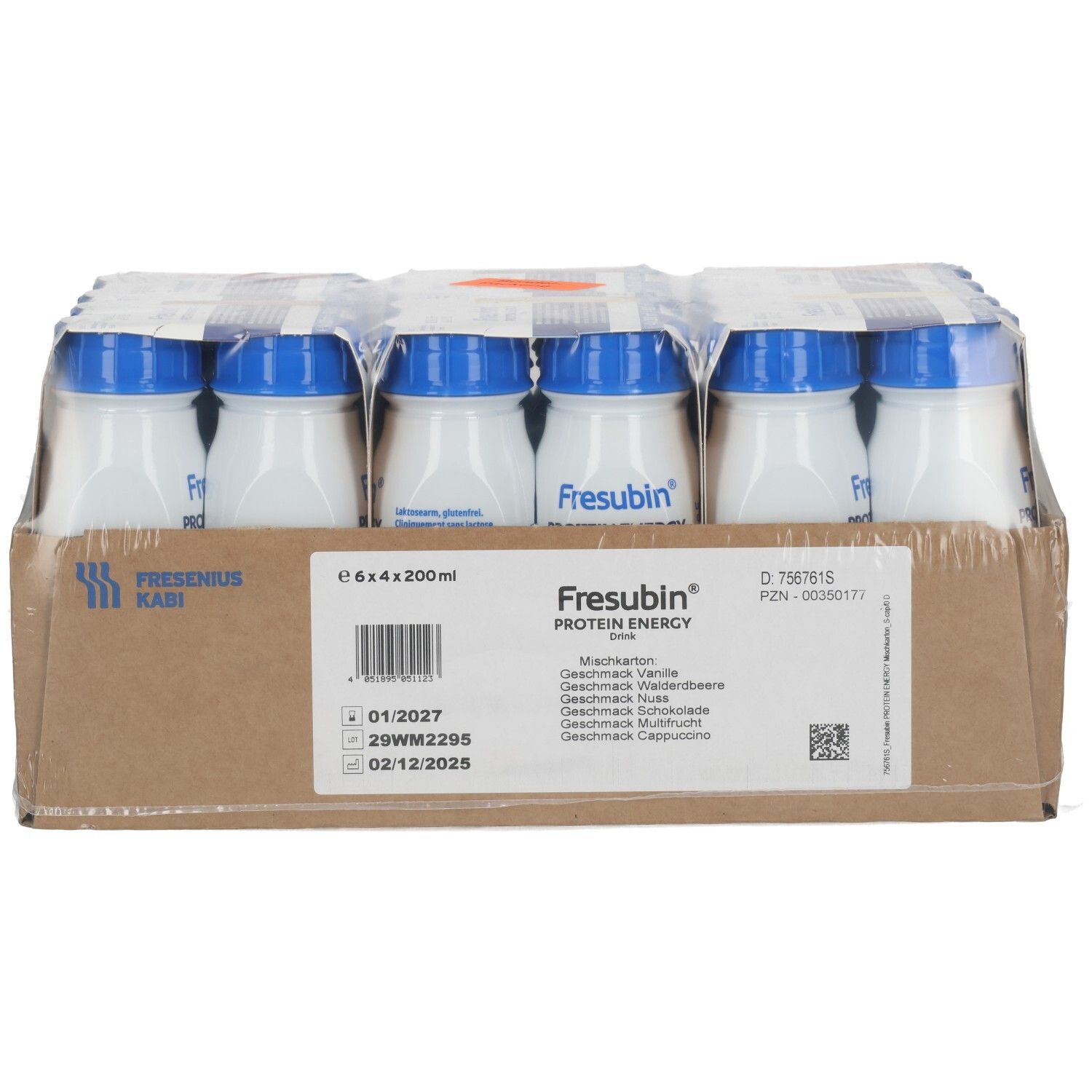 Packung mit 6 Flaschen Fresubin Protein Energy Drink, verschiedene Geschmacksrichtungen.