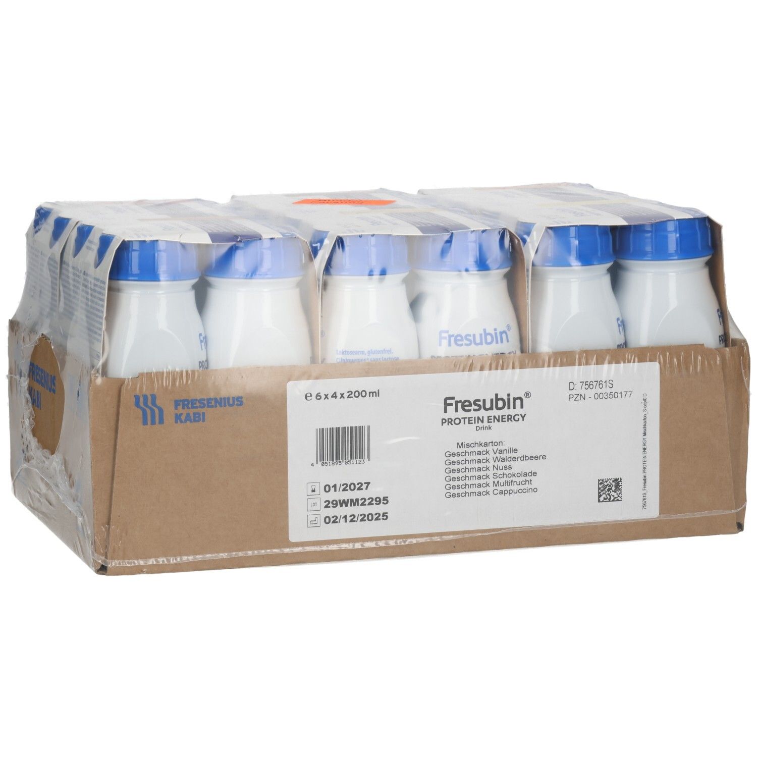 Nahaufnahme einer Packung mit 6 Flaschen Fresubin Protein Energy Drink.