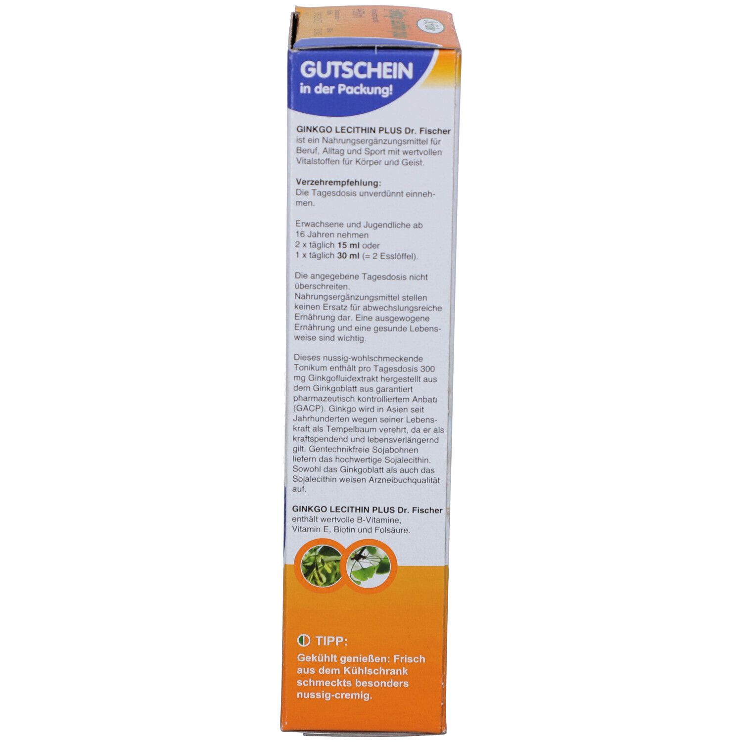Verpackung von Ginkgo Lecithin plus. Aufschrift: Dr. Fischer, Ginkgo Lecithin plus. Enthält Informationen zur Anwendung und Inhaltsstoffe.