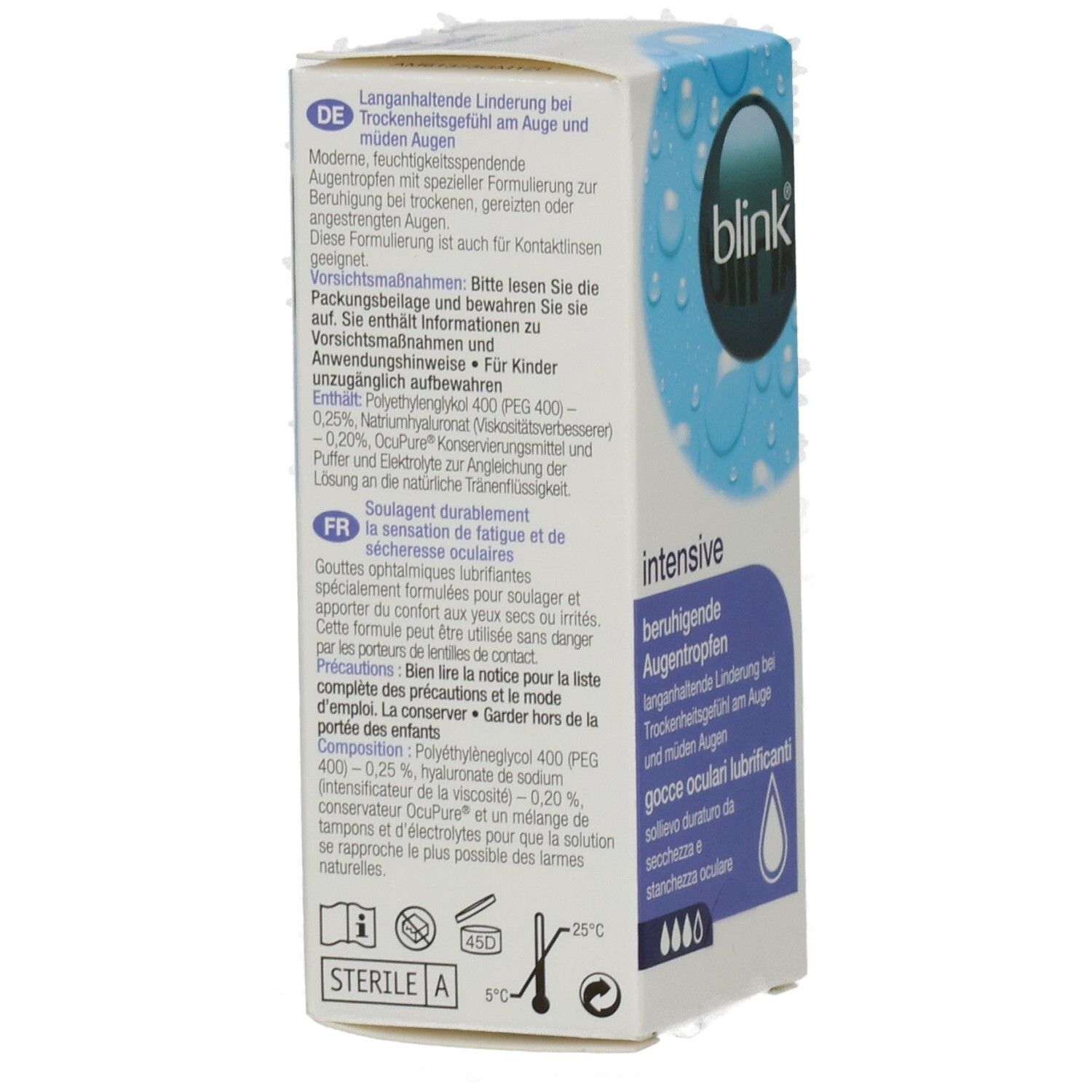 Kartonverpackung mit Produktnamen blink intensive. Text in Deutsch, Französisch, Italienisch und Niederländisch. Blaue und weiße Farbgebung.