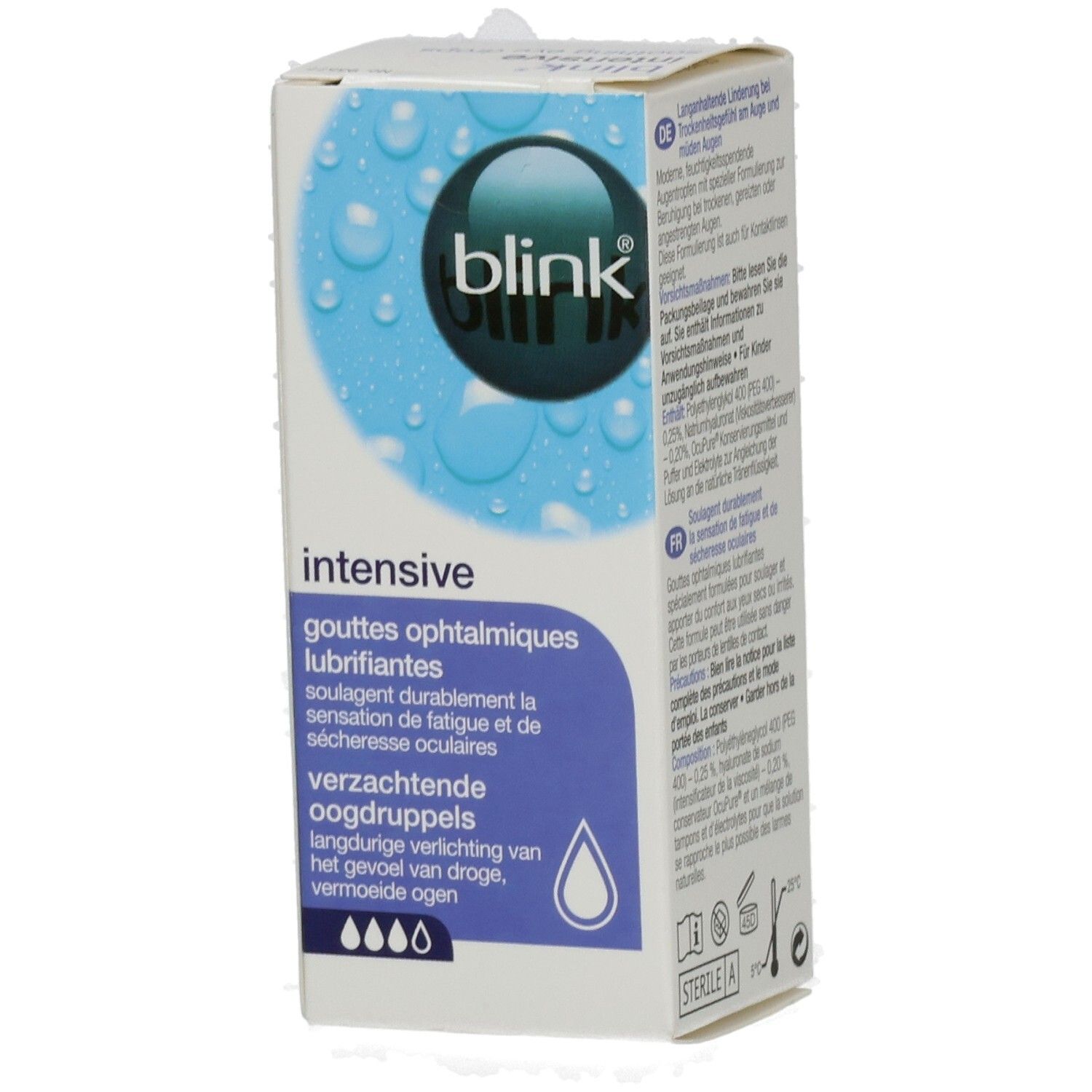 Kartonverpackung mit Produktnamen blink intensive. Text in Französisch und Niederländisch. Blaue und weiße Farbgebung. Tropfensymbol.