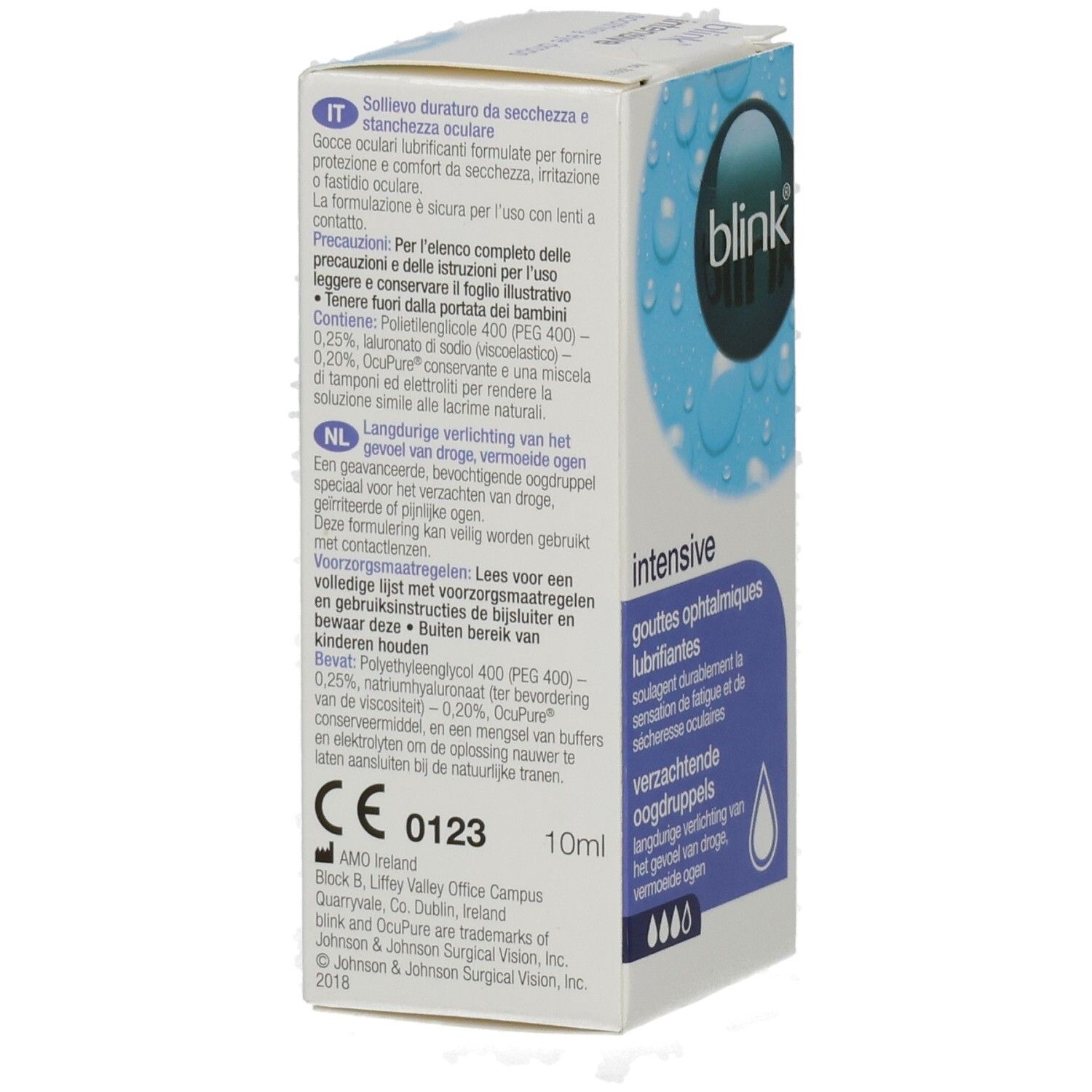 Kartonverpackung mit Produktnamen blink intensive. Text in Italienisch und Niederländisch. Blaue und weiße Farbgebung. CE-Kennzeichnung.