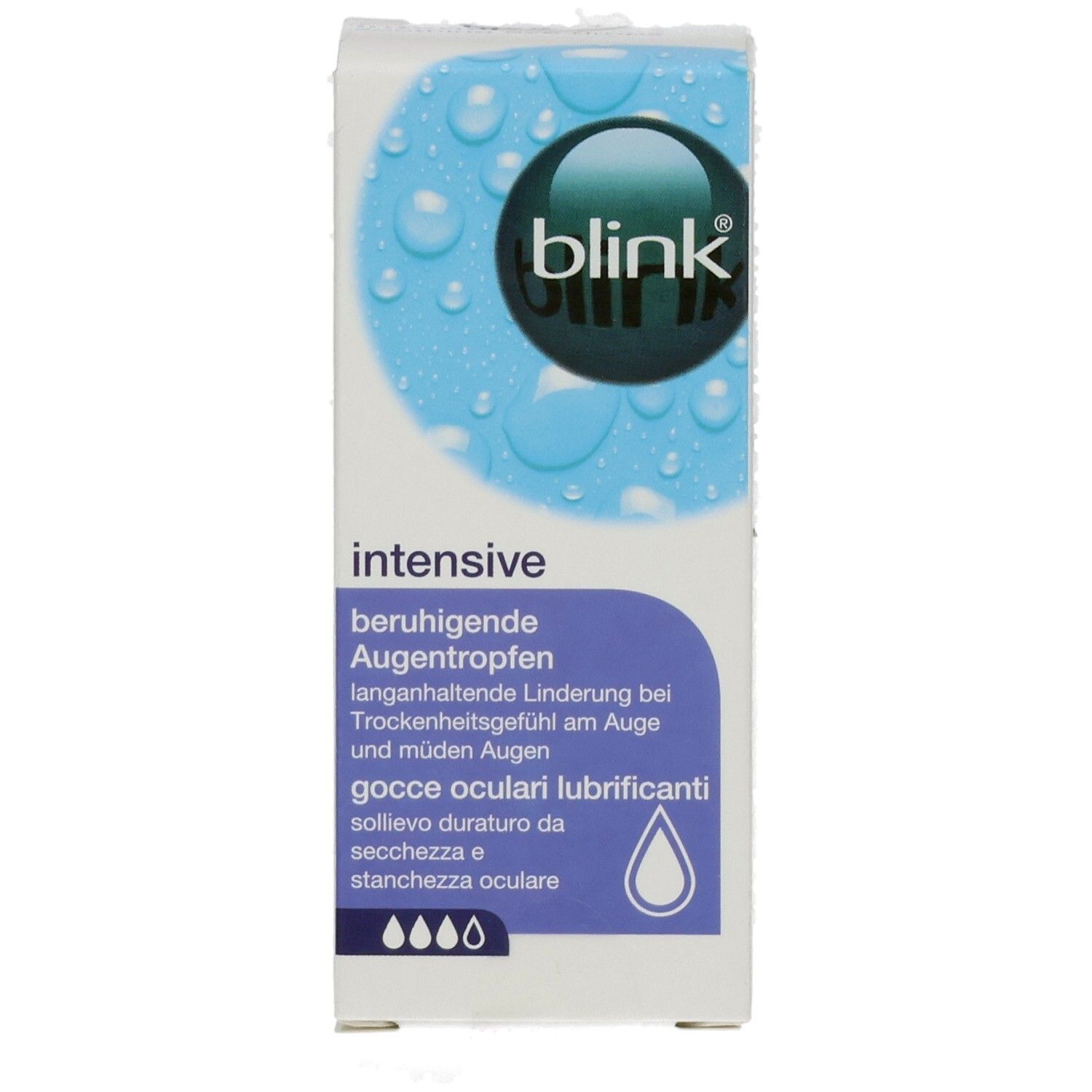 Kartonverpackung mit Produktnamen blink intensive. Text in Deutsch und Italienisch. Blaue und weiße Farbgebung. Tropfensymbol.