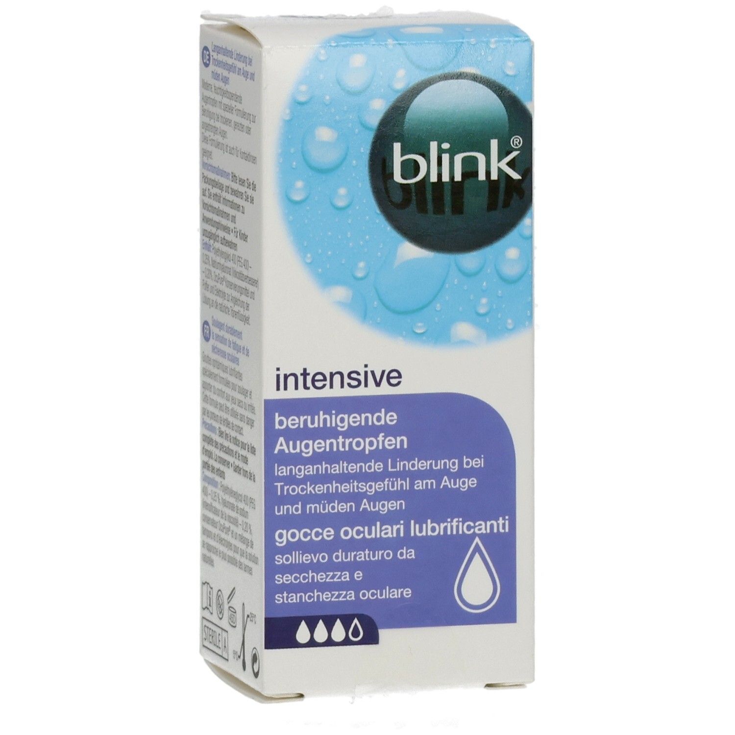 Kartonverpackung mit Produktnamen blink intensive. Text in Deutsch und Italienisch. Blaue und weiße Farbgebung. Tropfensymbol.