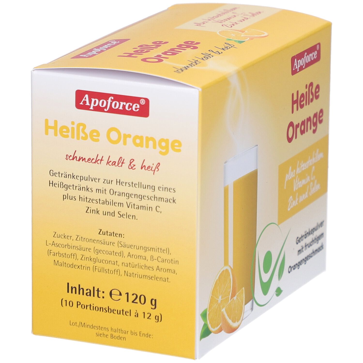 Gelbe Schachtel "Apoforce Heisse Orange". Enthält 10 Portionen. Text: "plus hitzestabiles Vitamin C, Zink und Selen".