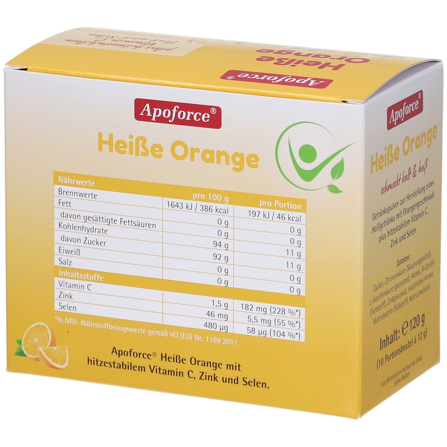Gelbe Schachtel "Apoforce Heisse Orange". Nährwerttabelle pro 100g und pro Portion. Enthält Vitamin C, Zink und Selen.
