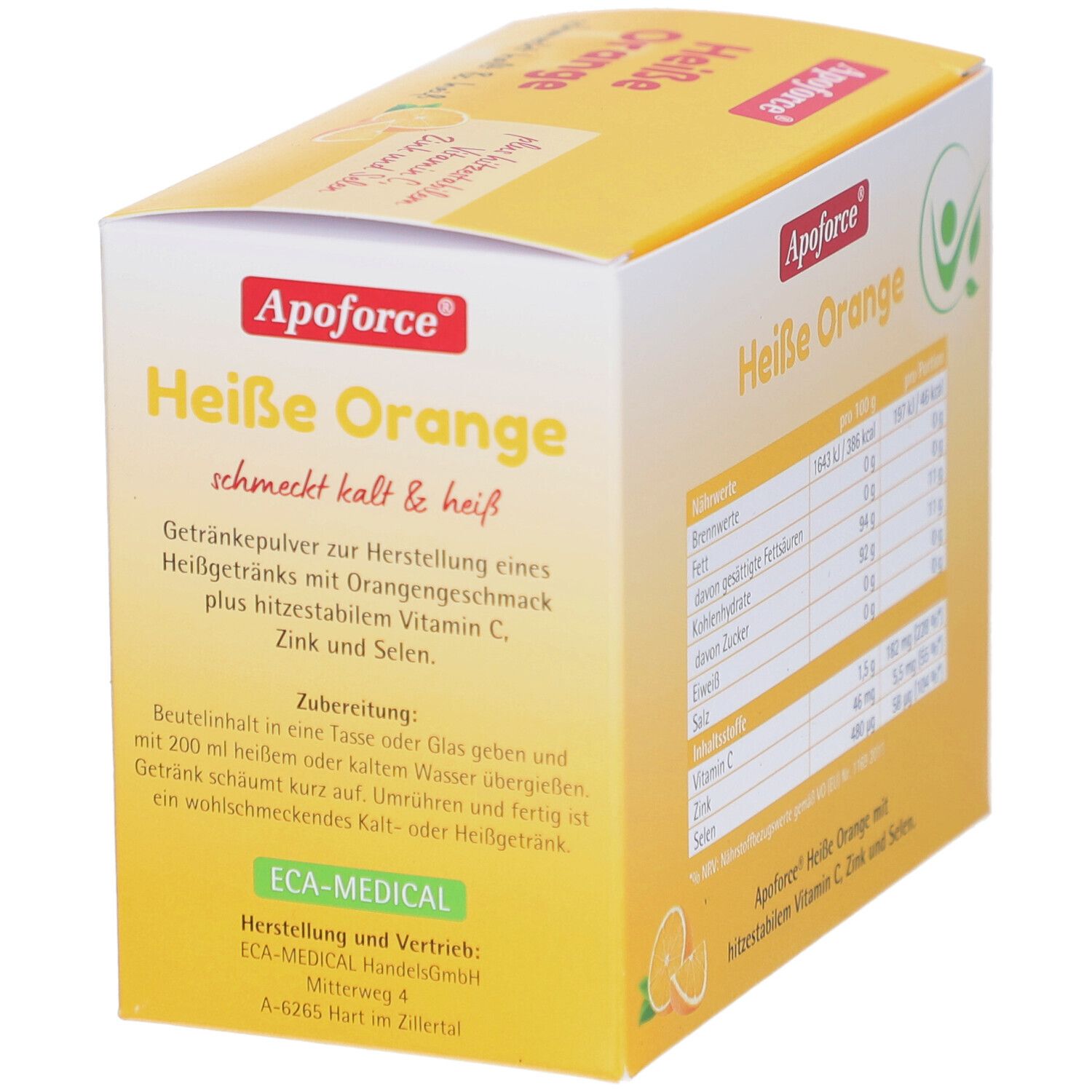 Gelbe Schachtel "Apoforce Heisse Orange". Text: "Getränkepulver zur Herstellung eines Heißgetränks". ECA-MEDICAL Logo.