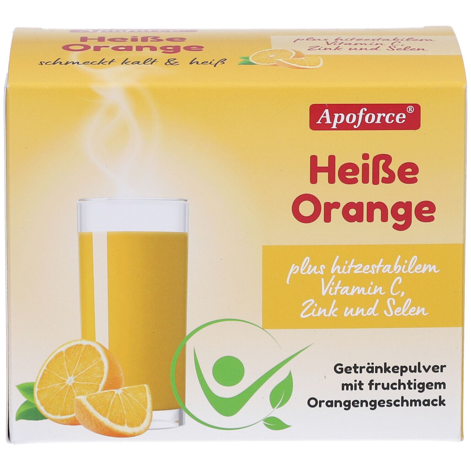 Gelbe Schachtel "Apoforce Heisse Orange". Abbildung eines Getränks und Orangen. Enthält Vitamin C, Zink und Selen.