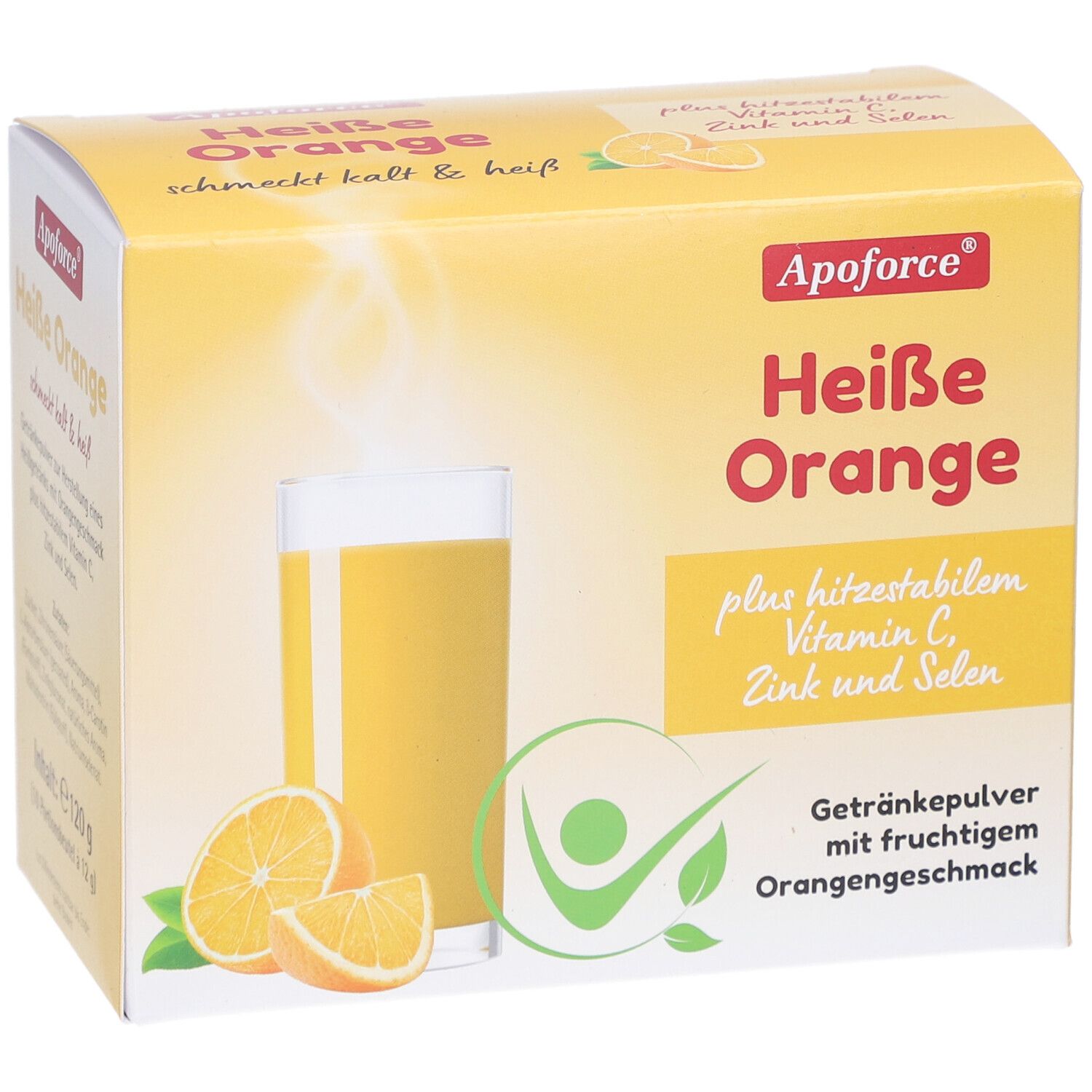 Gelbe Schachtel "Apoforce Heisse Orange". Abbildung eines Getränks und Orangen. Enthält Vitamin C, Zink und Selen.