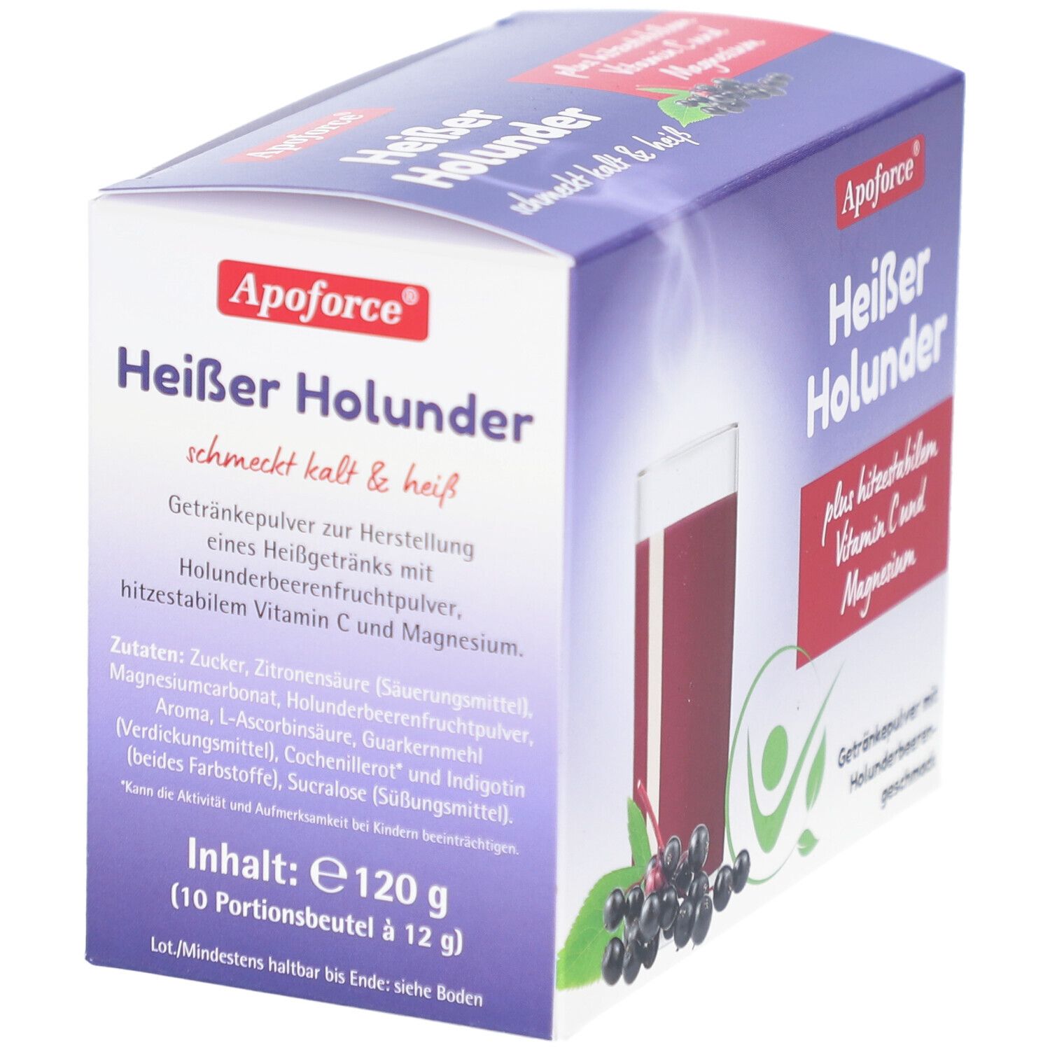 Apoforce Heißer Holunder, Getränkepulver. Packung mit Zutatenliste und Abbildung eines Getränks und Holunderbeeren.