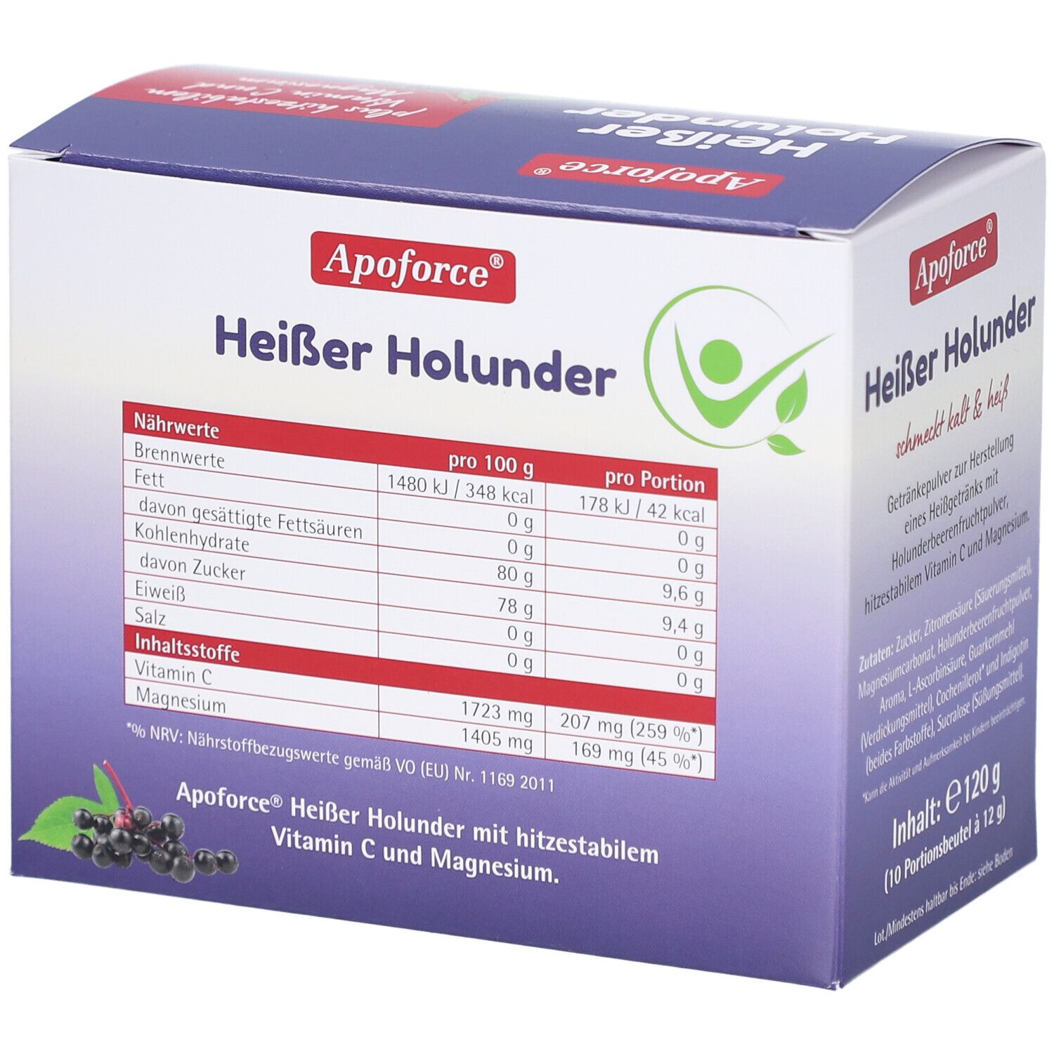 Apoforce Heißer Holunder, Getränkepulver. Packung mit Nährwerttabelle und Abbildung von Holunderbeeren.