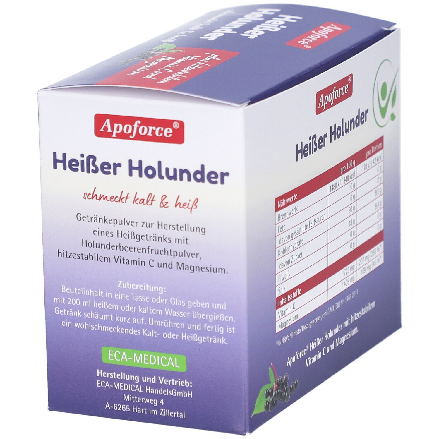 Apoforce Heißer Holunder, Getränkepulver. Packung mit Zubereitungshinweisen und Nährwerttabelle.