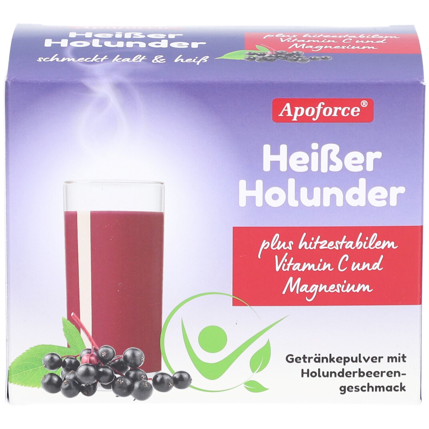 Apoforce Heißer Holunder, Getränkepulver mit Holunderbeerengeschmack. Packung mit Abbildung eines Getränks und Holunderbeeren.