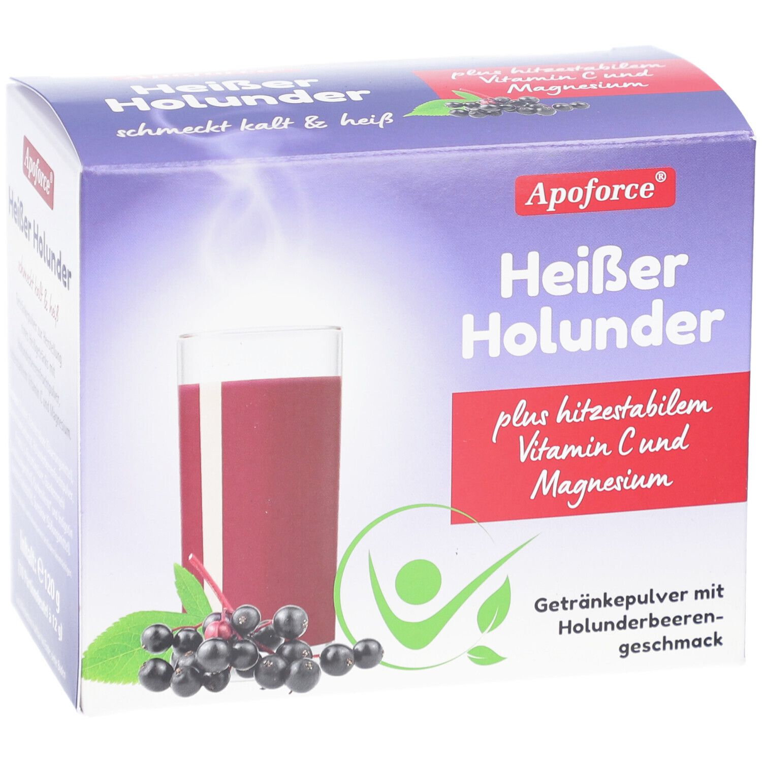 Apoforce Heißer Holunder, Getränkepulver mit Holunderbeerengeschmack. Packung mit Abbildung eines Getränks und Holunderbeeren.