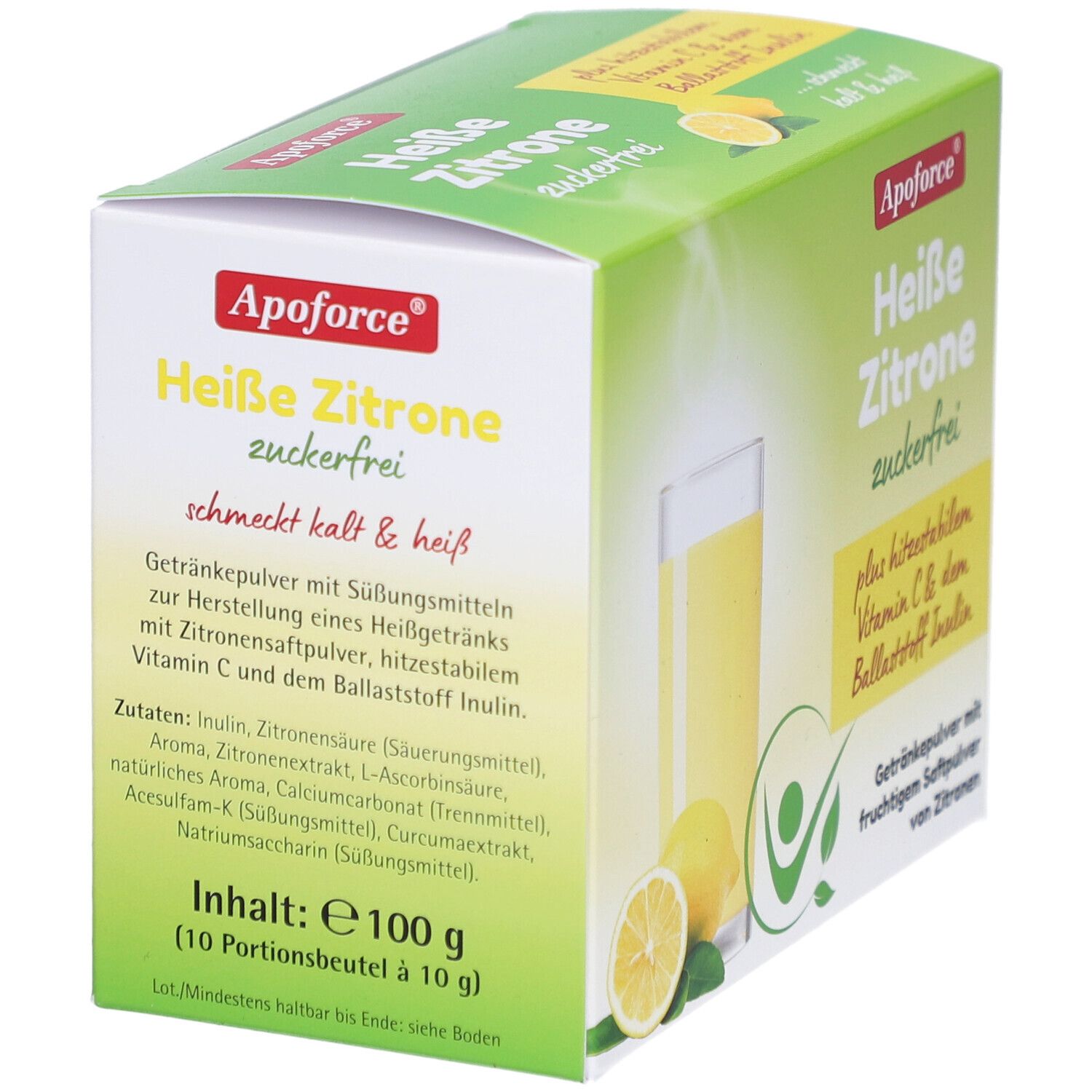 Apoforce Heisse Zitrone zuckerfrei. Karton mit Inhaltsangaben. Enthält 10 Portionen à 10g.
