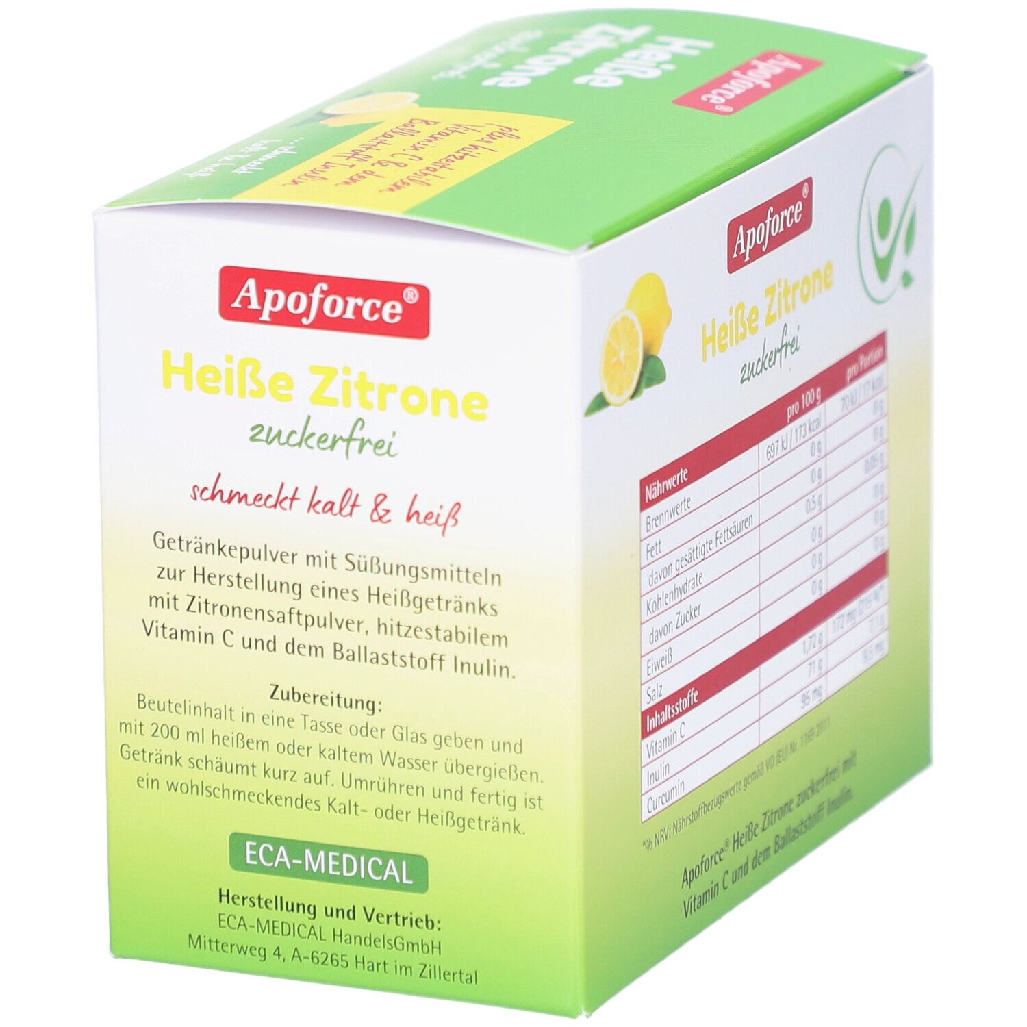 Apoforce Heisse Zitrone zuckerfrei. Karton mit Zubereitungshinweis. Schmeckt kalt & heiß.