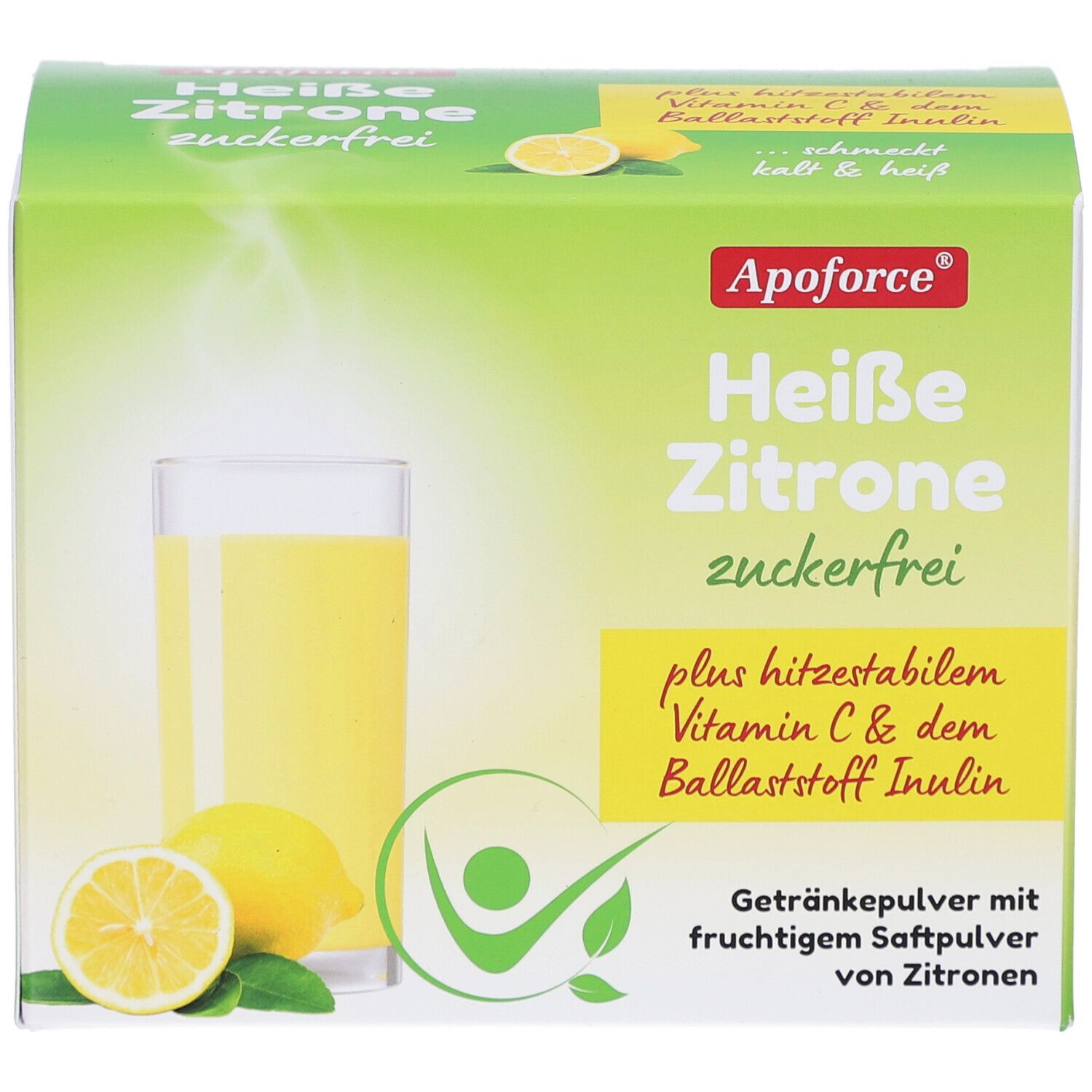 Apoforce Heisse Zitrone zuckerfrei. Karton mit Getränkepulver, Zitrone und Glas. Enthält Vitamin C und Inulin.