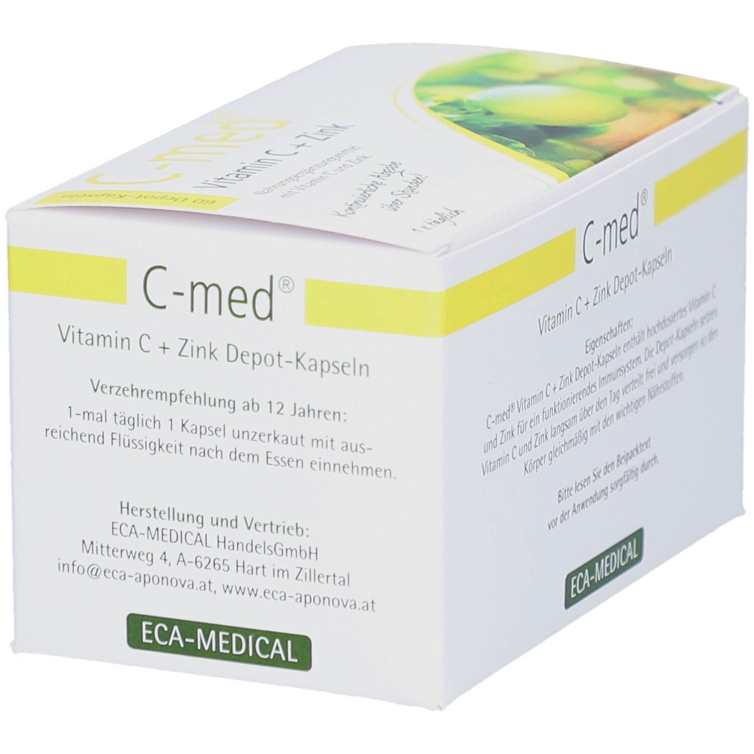 Weiße Schachtel, gelbe Akzente. Aufschrift: C-med Vitamin C + Zink Depot-Kapseln. ECA-MEDICAL Logo. Text über Dosierung.