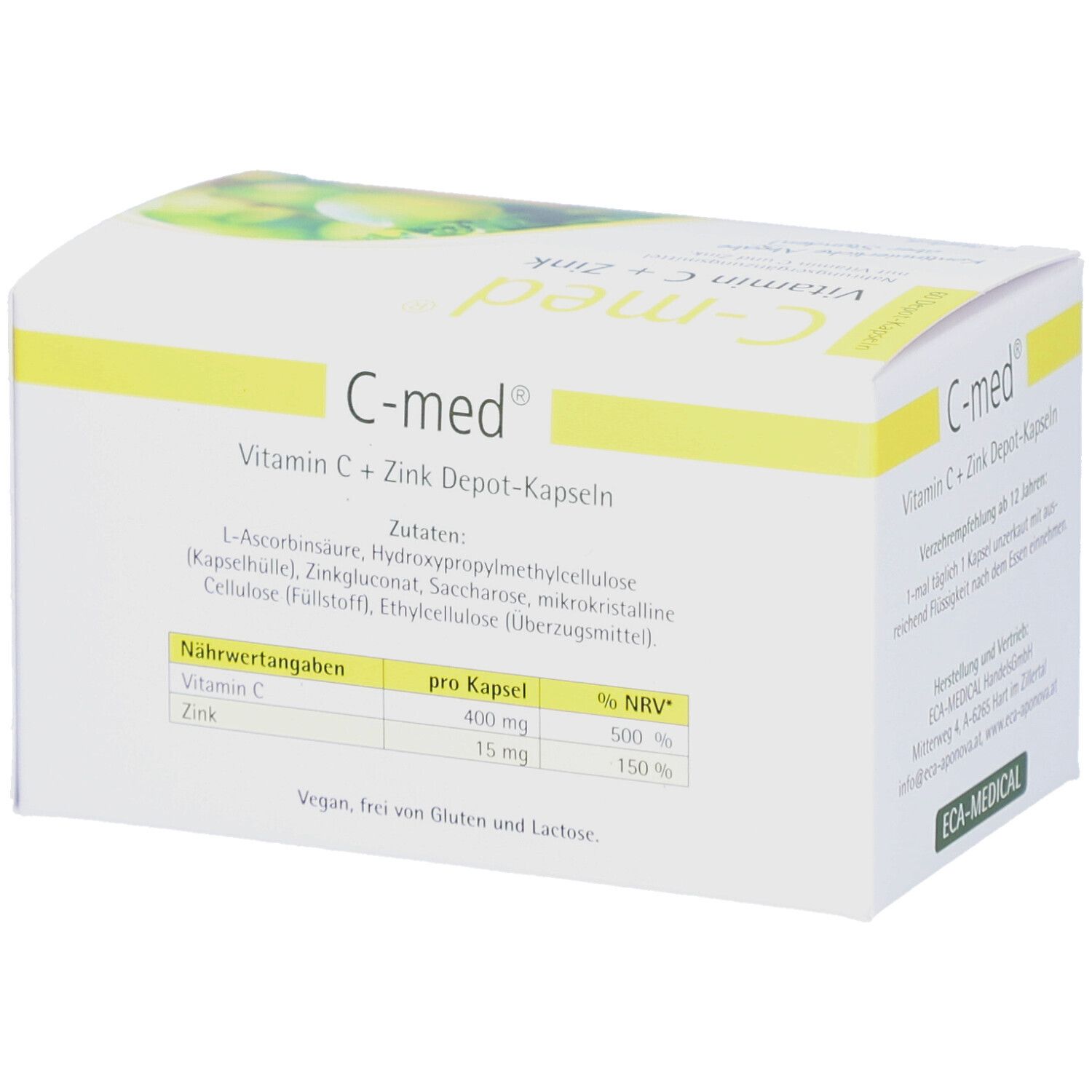 Weiße Schachtel mit gelben Akzenten. Aufschrift: C-med Vitamin C + Zink Depot-Kapseln. Nährwertangaben aufgedruckt.