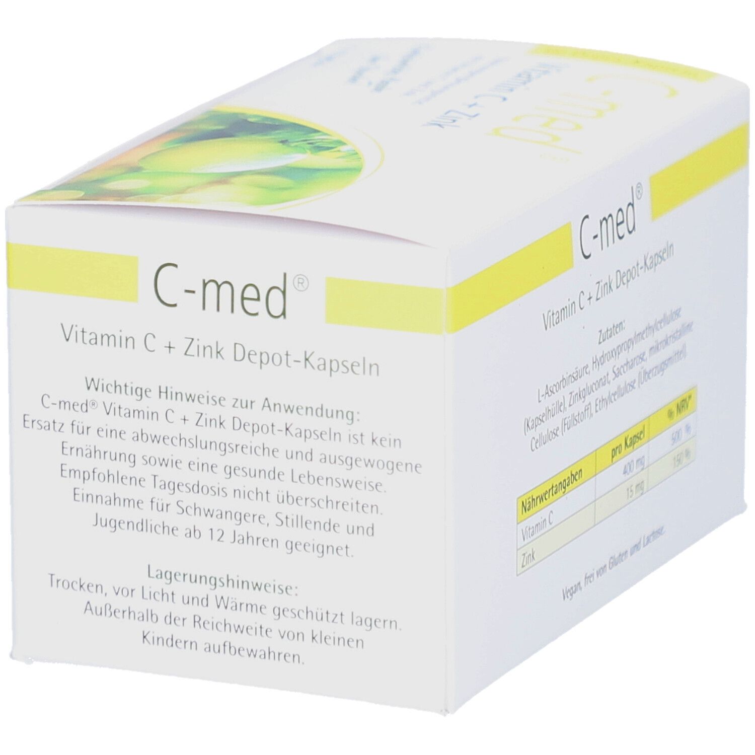 Weiße Schachtel mit gelben Akzenten. Aufschrift: C-med Vitamin C + Zink Depot-Kapseln. Hinweise zur Anwendung.