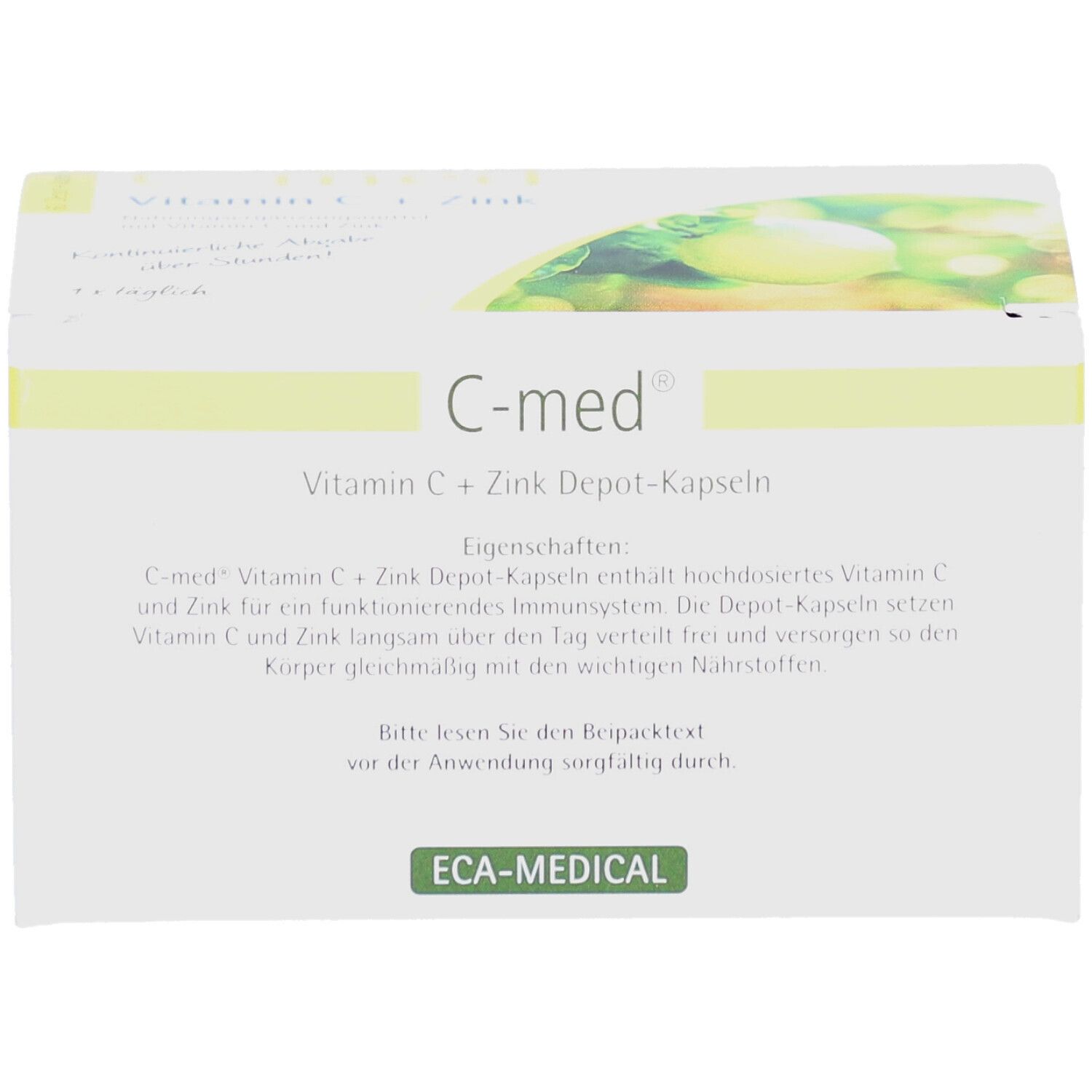 Weiße Schachtel mit gelben Akzenten. Aufschrift: C-med Vitamin C + Zink Depot-Kapseln. Text über Eigenschaften.