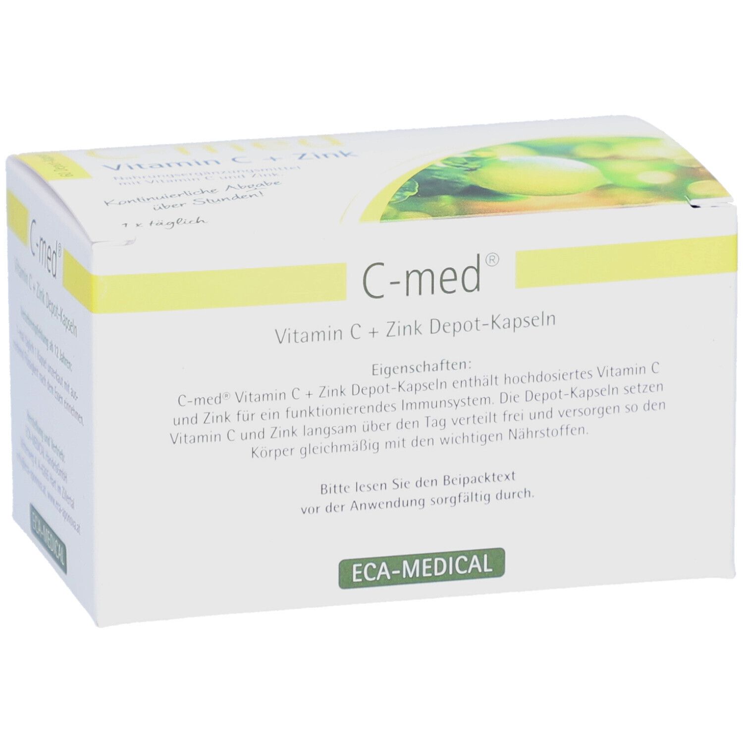 Weiße Schachtel mit gelben Akzenten. Aufschrift: C-med Vitamin C + Zink Depot-Kapseln. ECA-MEDICAL Logo.