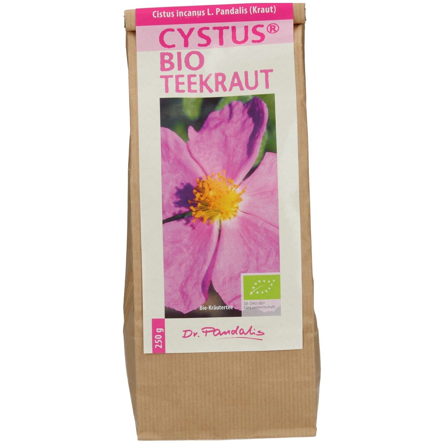 Beutel mit Aufdruck. Oben: Cystus Bio Teekraut. Darunter: rosa Blüte. Unten: Bio-Siegel und 250g.