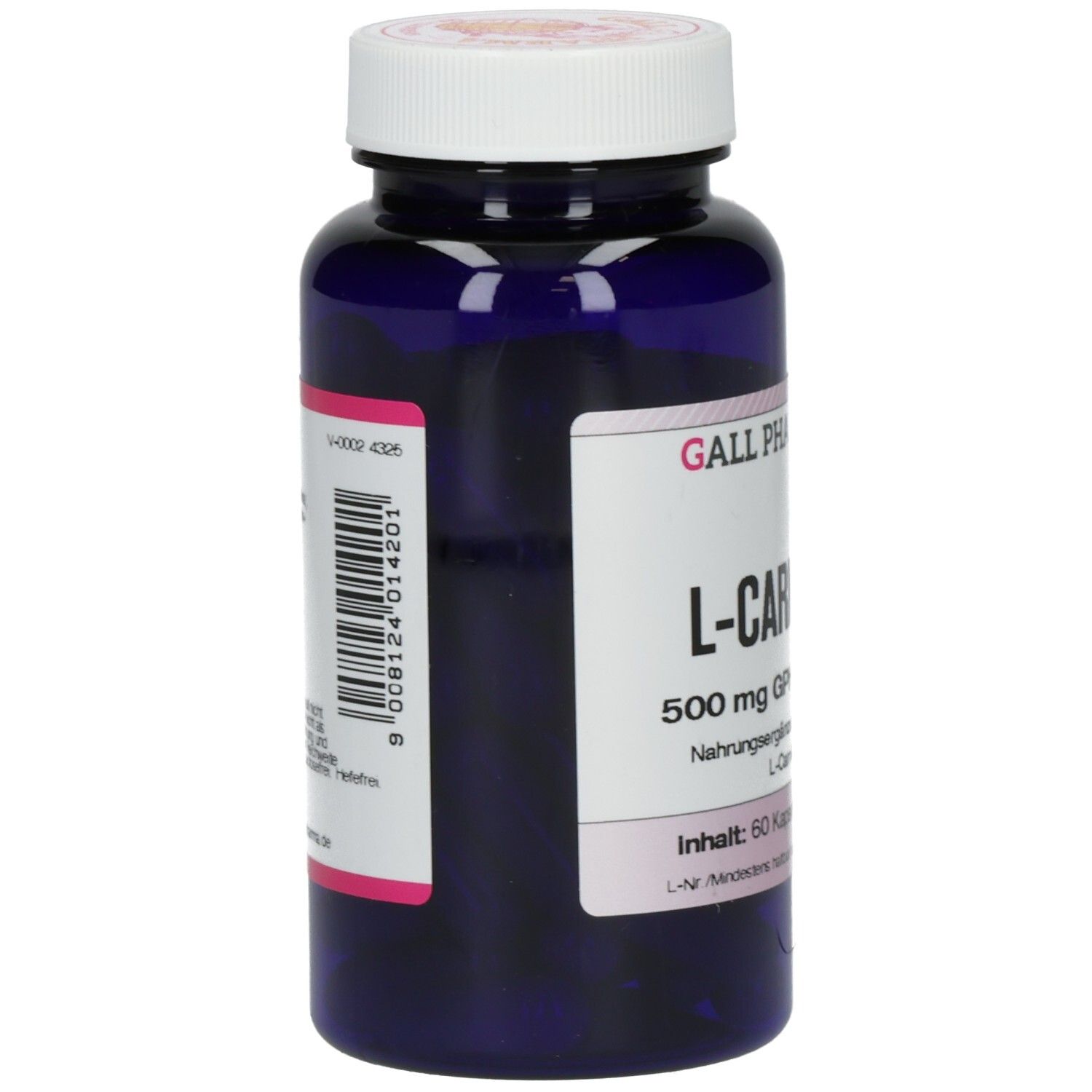 Blaue Flasche mit weißem Deckel. Aufdruck: L-Carnitin 500 mg GPH Kapseln. Barcode und weitere Informationen.