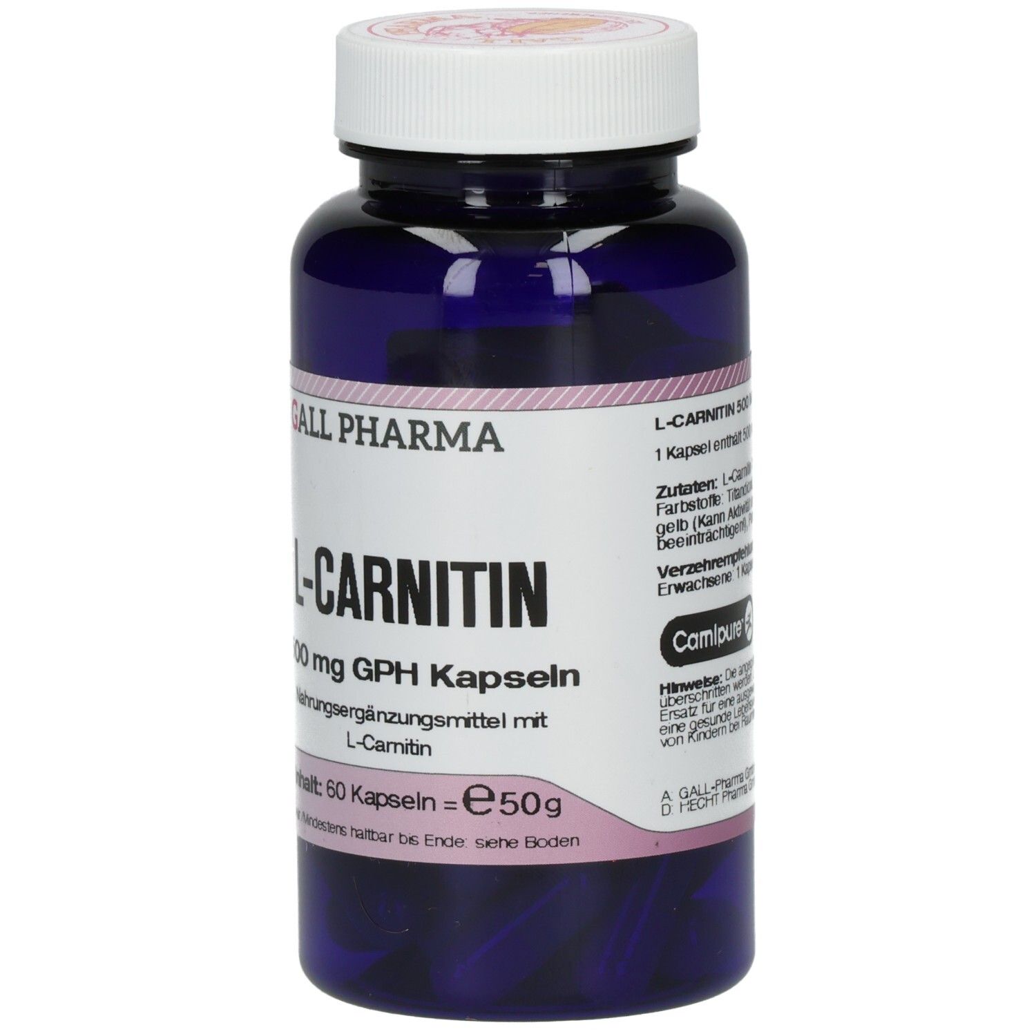 Blaue Flasche mit weißem Deckel. Aufschrift: L-Carnitin 500 mg GPH Kapseln. Zusätzliche Informationen.