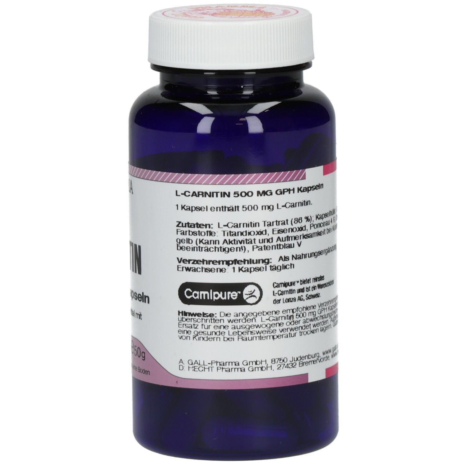 Blaue Flasche mit weißem Deckel. Detailansicht der Produktinformationen und Inhaltsstoffe.