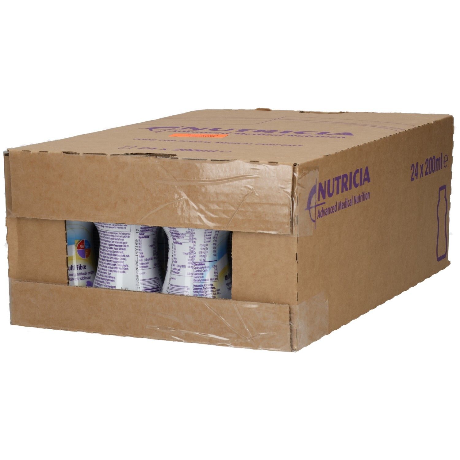 Karton mit 24x 200ml Nutricia NUTRINI DRINK MF VANILLE Flaschen, Vorderseite teilweise geöffnet.