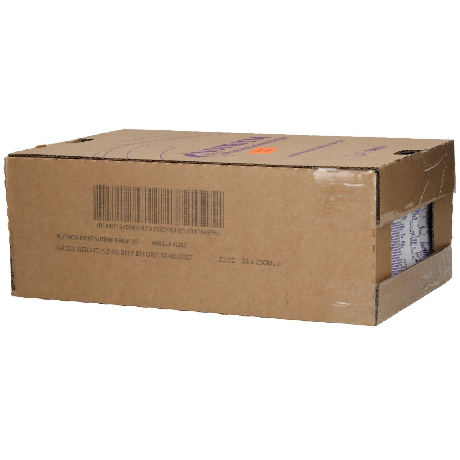 Rückseite eines Kartons mit 24x 200ml Nutricia NUTRINI DRINK MF VANILLE Flaschen, mit Barcode.