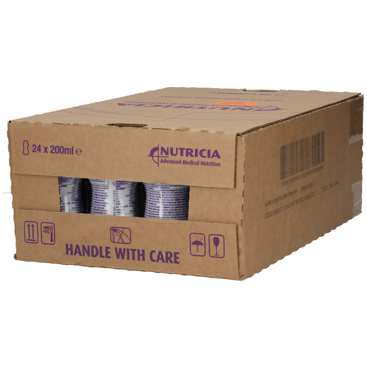 Karton mit 24x 200ml Nutricia NUTRINI DRINK MF VANILLE Flaschen, mit Handhabungssymbolen.