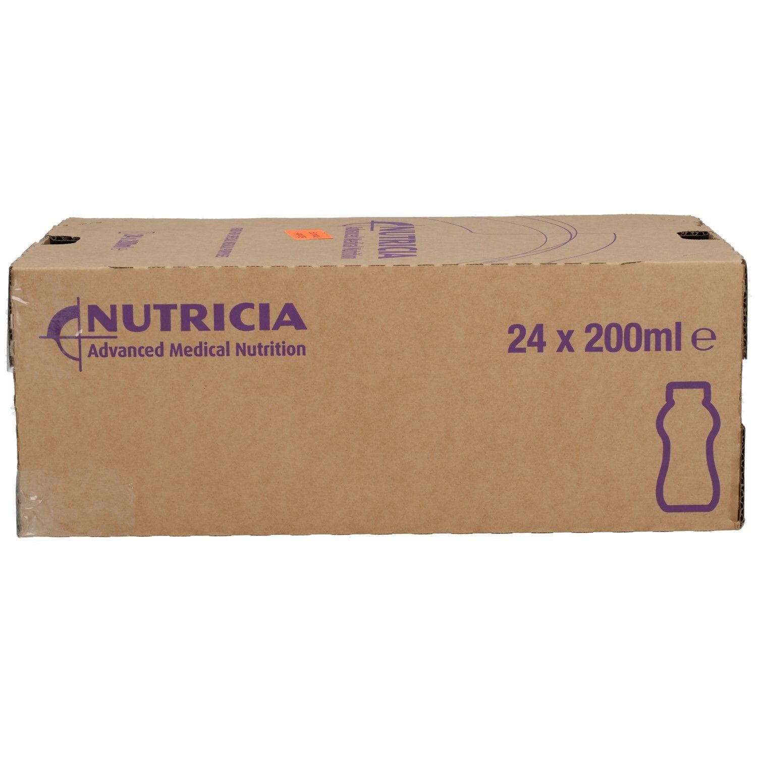 Karton mit 24x 200ml Nutricia NUTRINI DRINK MF VANILLE Flaschen, Seitenansicht.