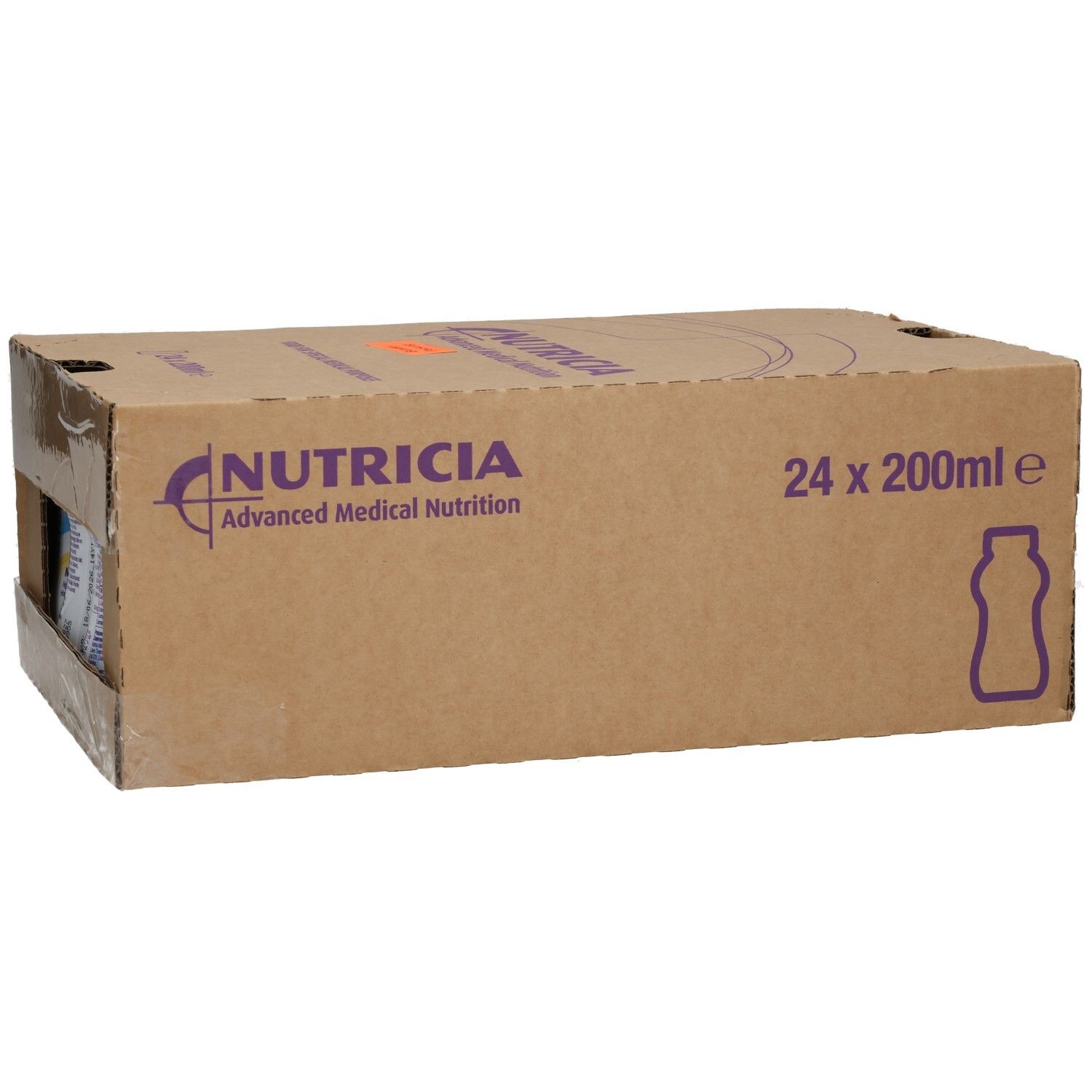 Karton mit 24x 200ml Nutricia NUTRINI DRINK MF VANILLE Flaschen, Vorderansicht.