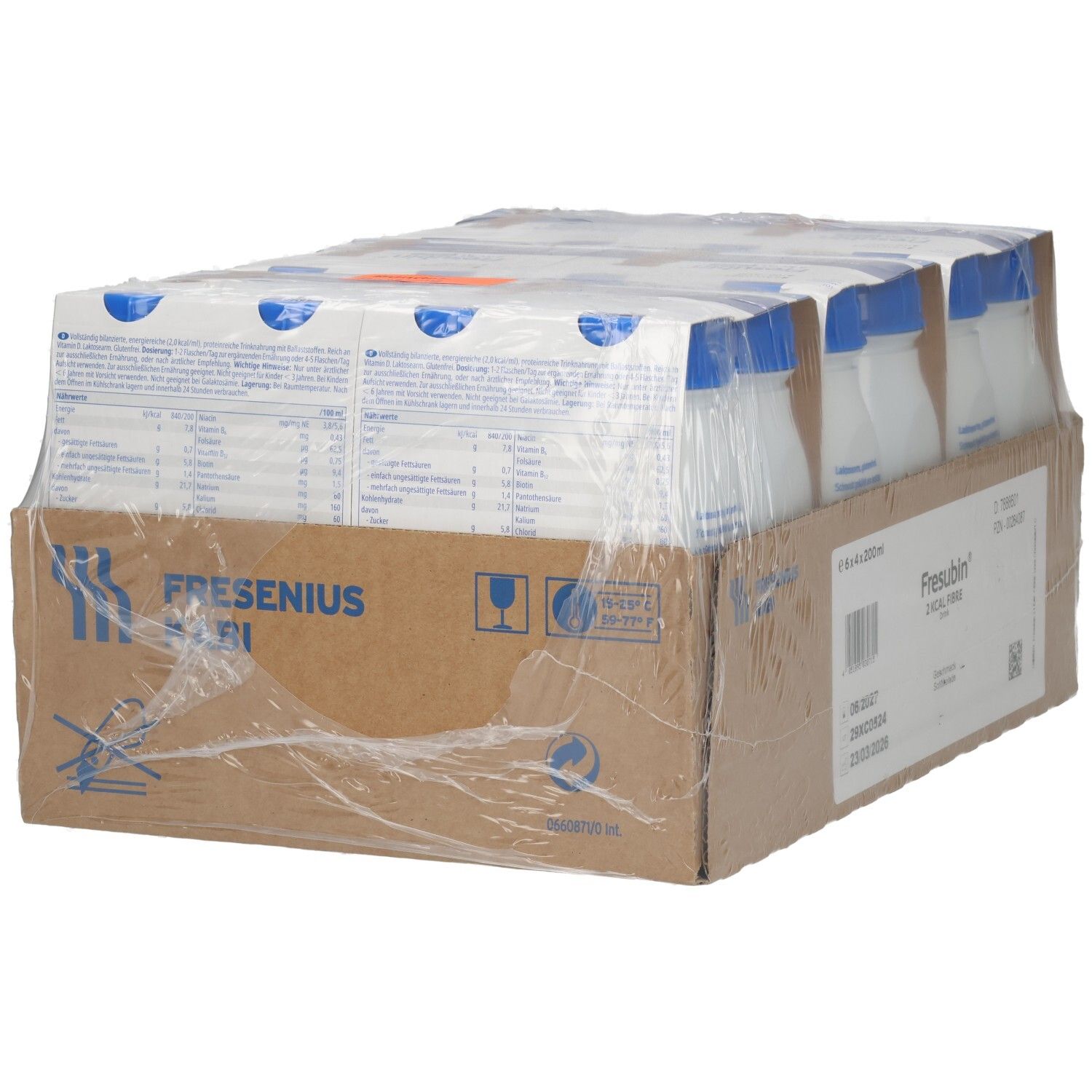 Rückseite einer Verpackung mit 24 Flaschen Fresubin 2 Kcal Fibre Drink.